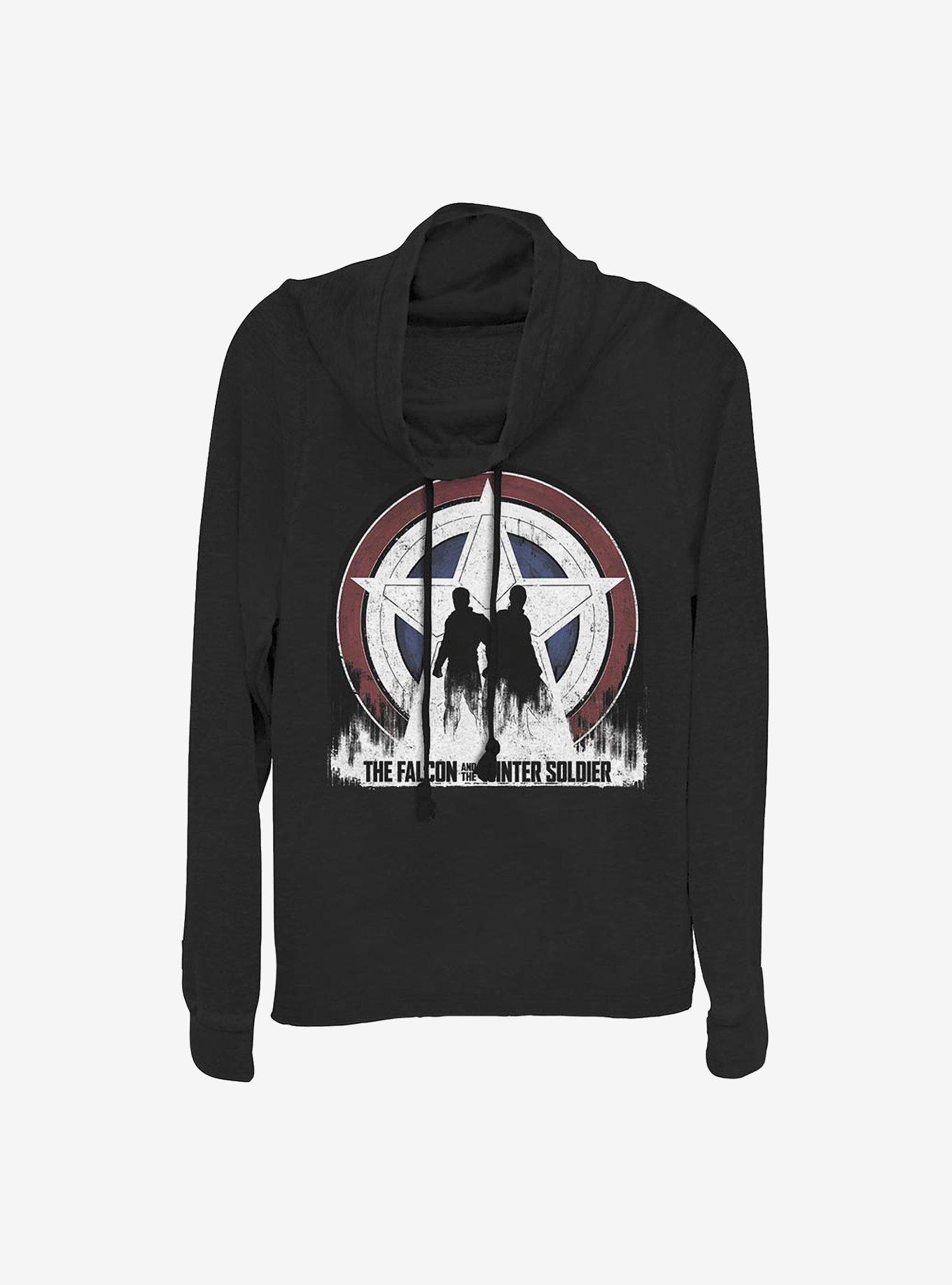 Marvel The Falcon And The Winter Soldier Silhouette Shield Cowlneck Long-Sleeve Girls Top, BLACK, hi-res
