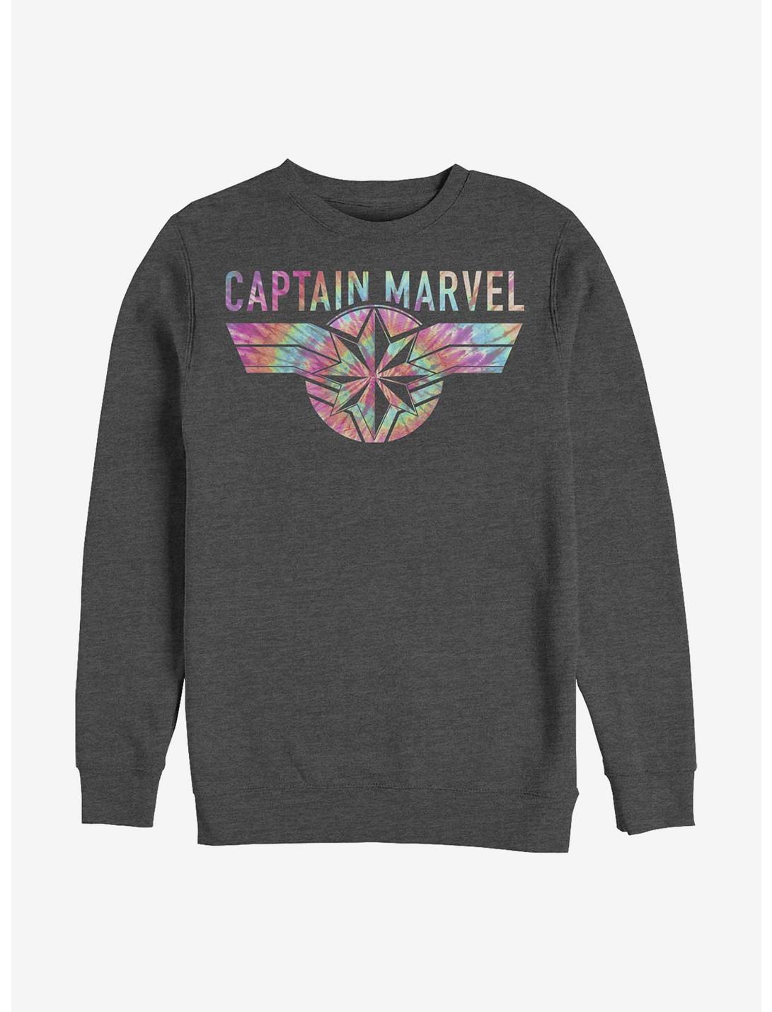 Marvel Captain Marvel Tie Dye Captain Crew Sweatshirt, CHAR HTR, hi-res