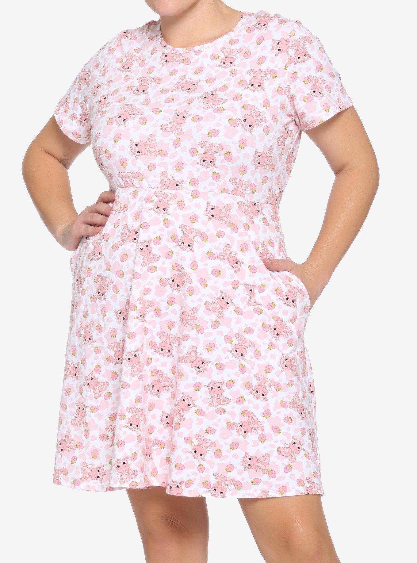 Strawberry Milk Cow Print Sweetheart Dress Plus Size, MULTI, hi-res
