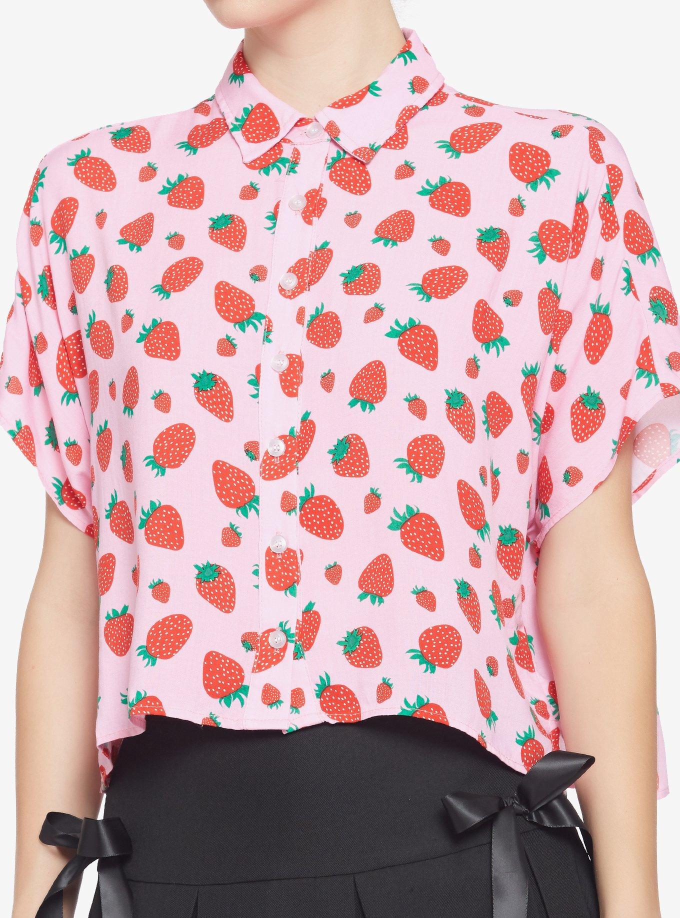 Pink Strawberry Boxy Fit Girls Woven Button-Up, PINK, hi-res