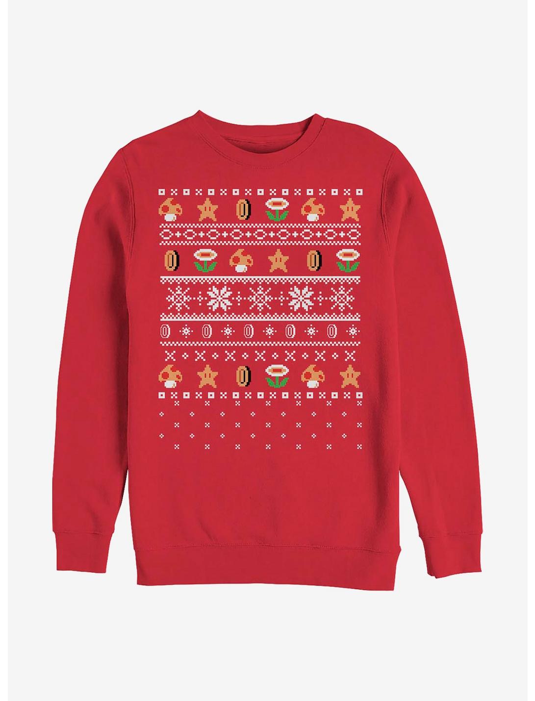 Nintendo Mario Items Win Ugly Holiday Star Crew Sweatshirt, RED, hi-res
