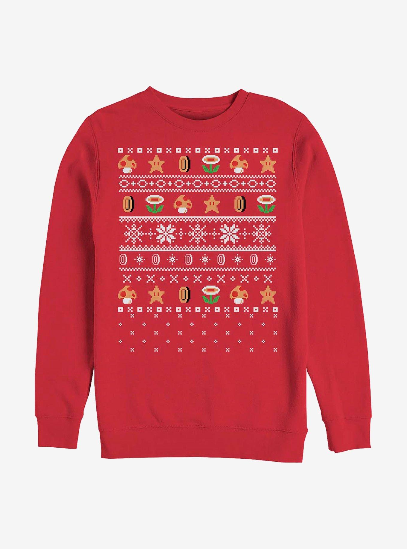 Nintendo Mario Items Win Ugly Holiday Star Crew Sweatshirt, RED, hi-res