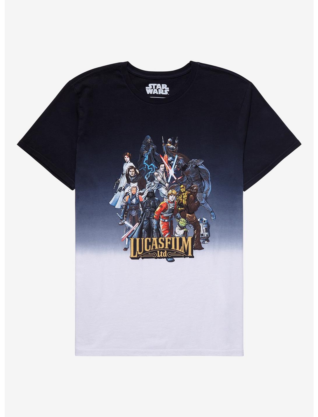 Star Wars Lucasfilm Logo & Characters Dip-Dye T-Shirt - BoxLunch Exclusive, BLACK TIE DYE, hi-res