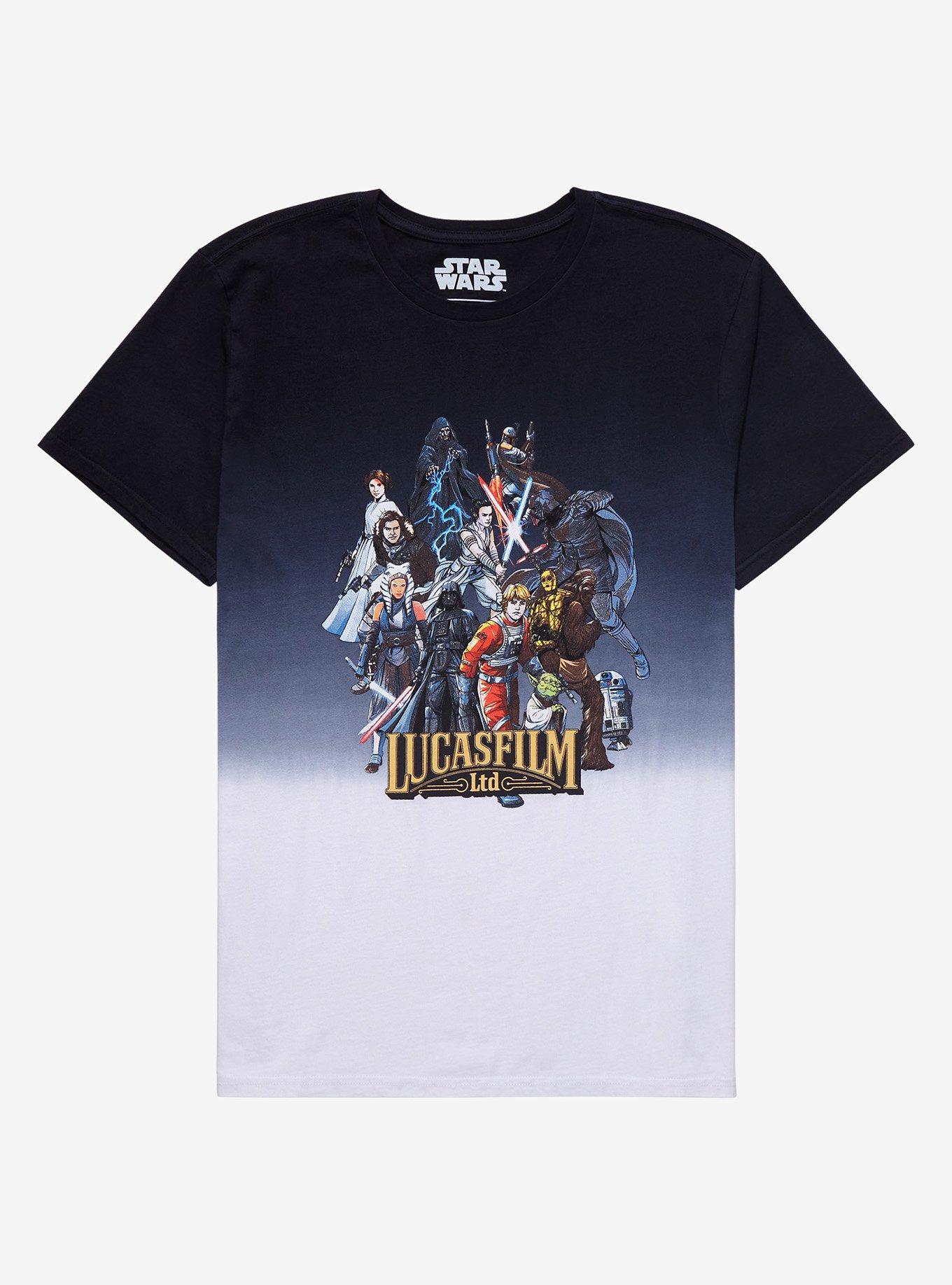 Star Wars Lucasfilm Logo & Characters Dip-Dye T-Shirt - BoxLunch Exclusive, BLACK TIE DYE, hi-res