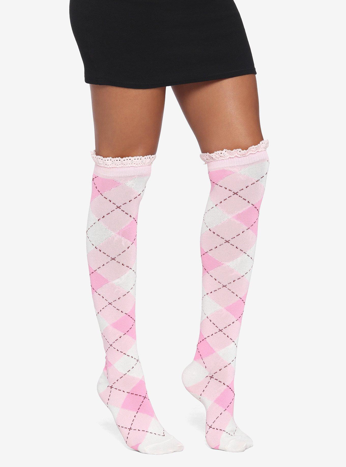 Pink & White Double Ruffle Argyle Socks, , hi-res