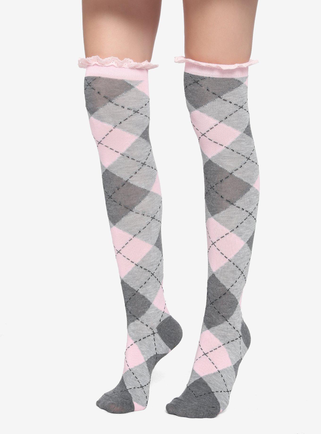Grey & Pink Argyle Ruffle Over-The-Knee Socks, , hi-res
