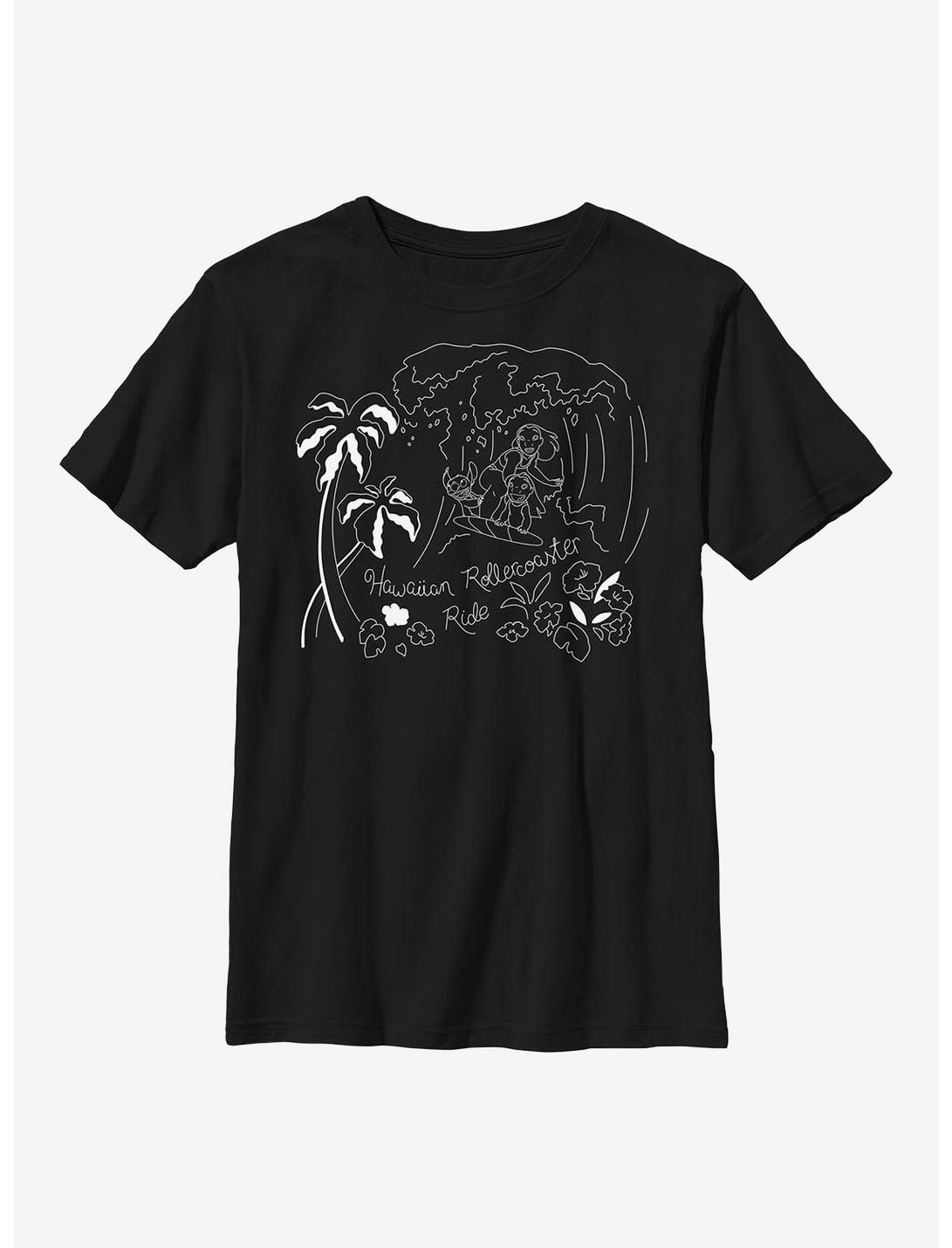 Disney Lilo & Stitch Surf Line Art Youth T-Shirt, BLACK, hi-res
