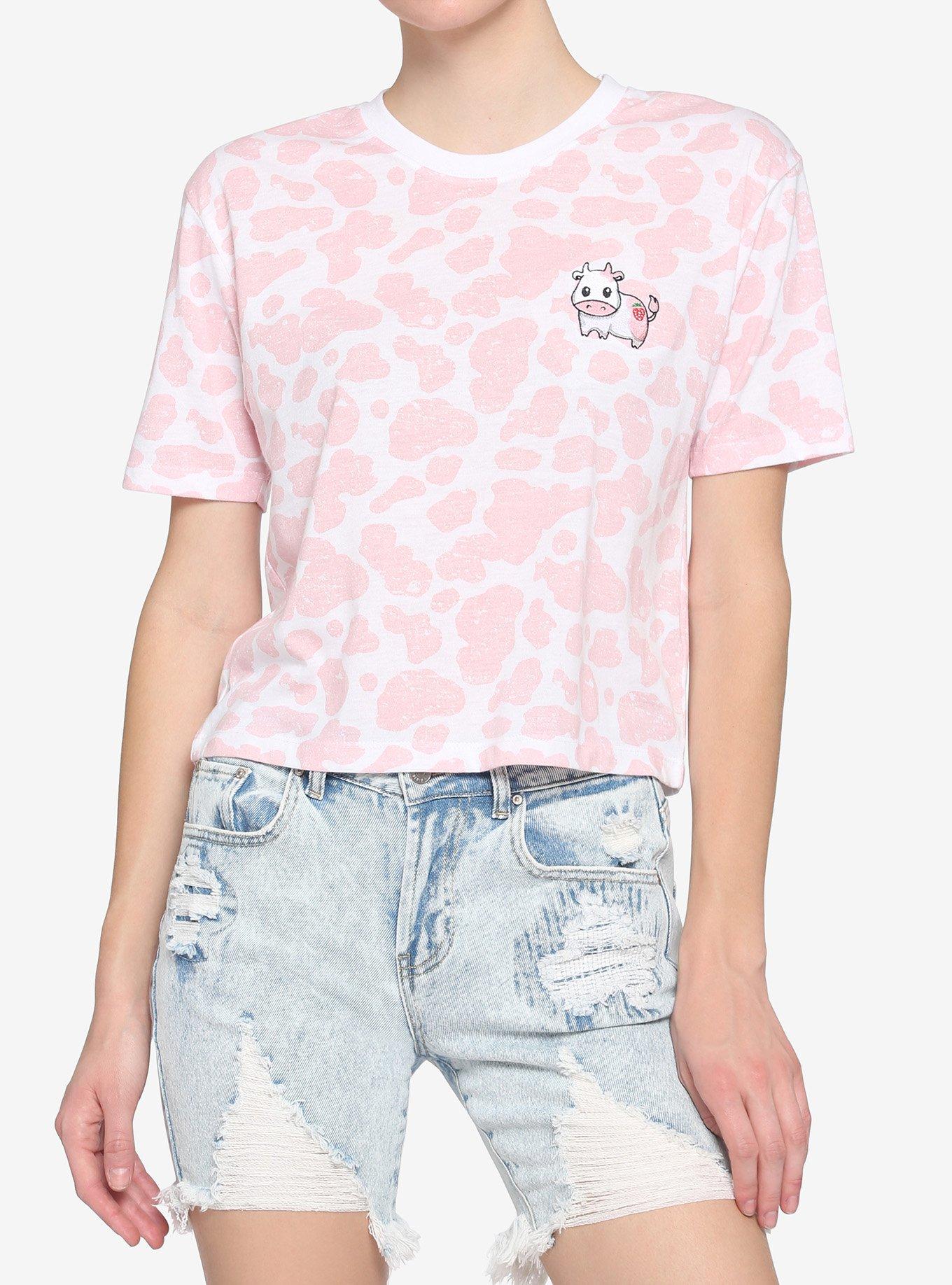Pink Embroidered Cow Girls Crop T-Shirt, MULTI, hi-res