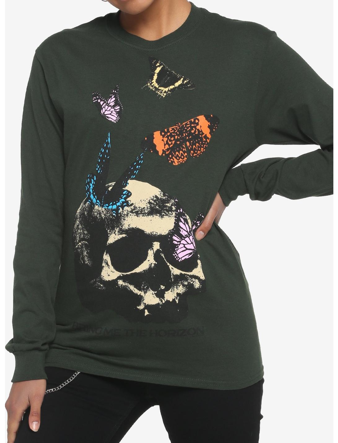 Bring Me The Horizon Butterfly Skull Girls Long-Sleeve T-Shirt, FOREST GREEN, hi-res