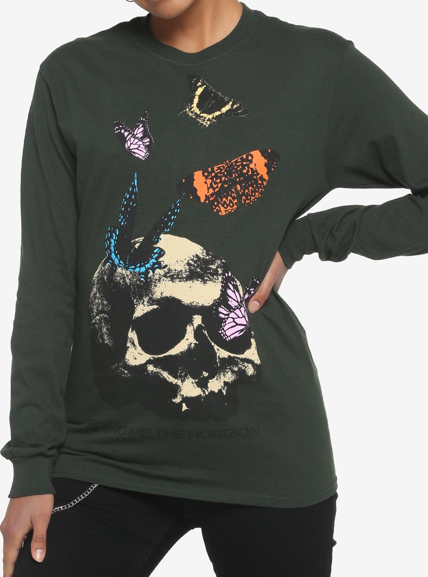 Bring Me The Horizon Butterfly Skull Girls Long-Sleeve T-Shirt, FOREST GREEN, hi-res