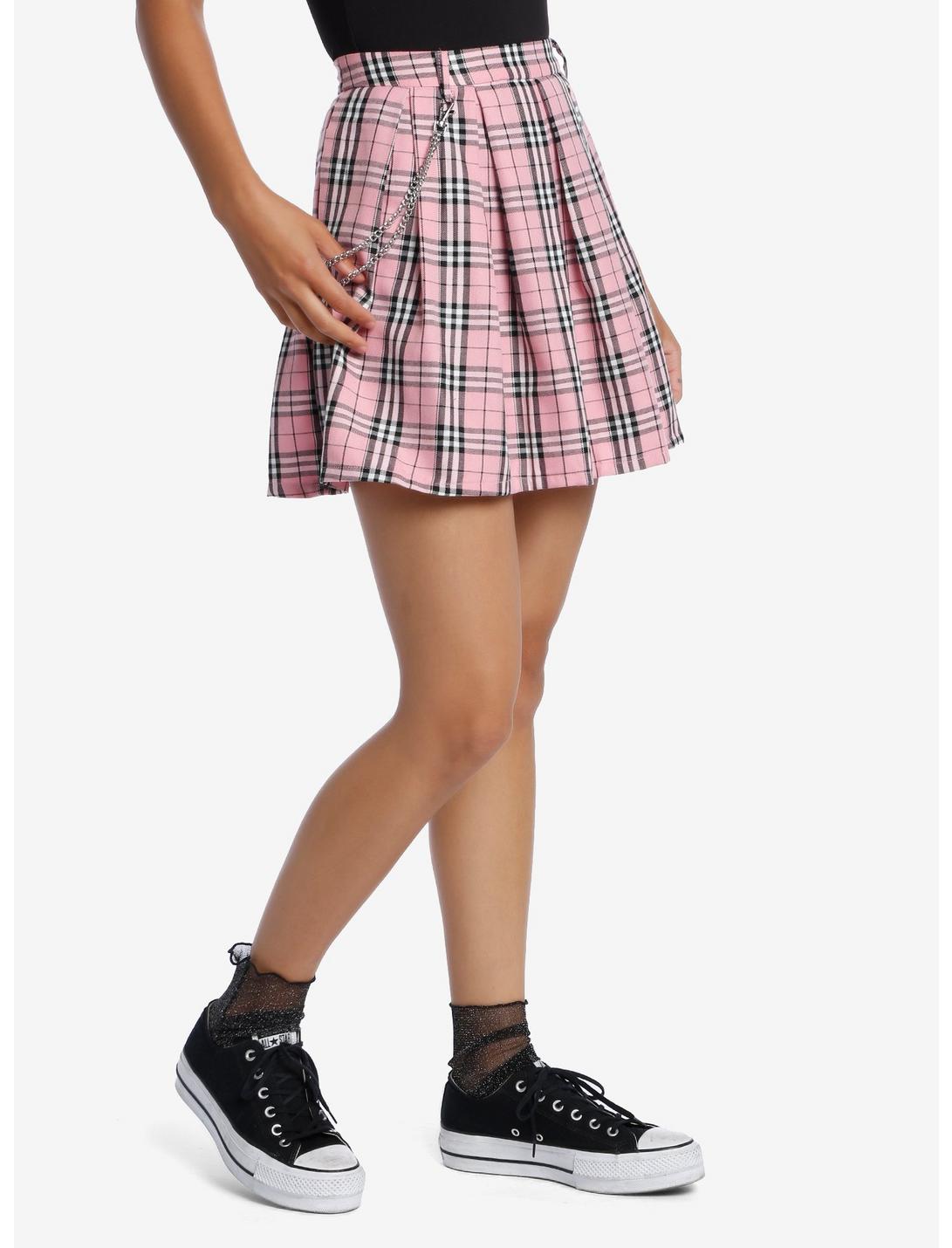 Pink Plaid Pleated Chain Skirt, PLAID - PINK, hi-res
