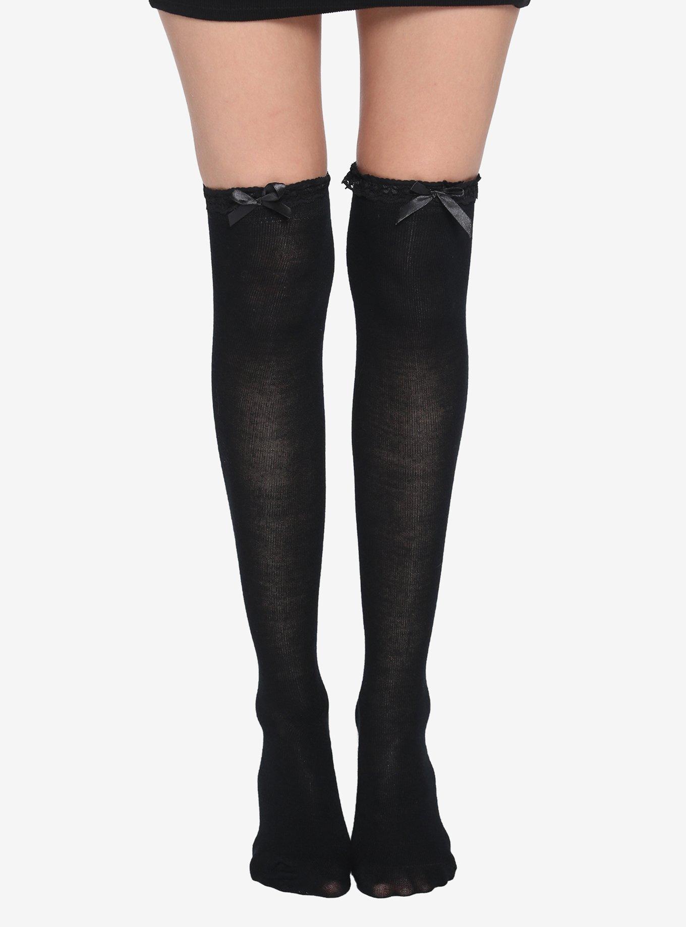Black Lace Cuff & Bow Over-The-Knee Socks, , hi-res