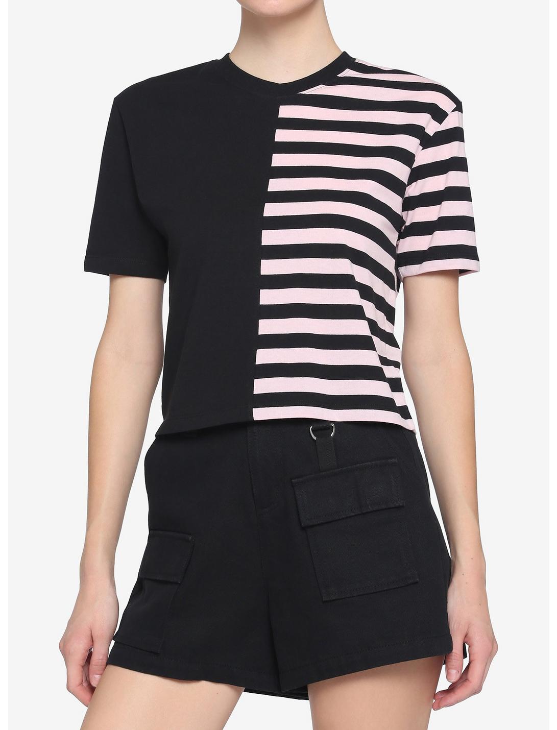 Black & Pink Stripe Split Girls Crop T-Shirt, STRIPE - MULTI, hi-res