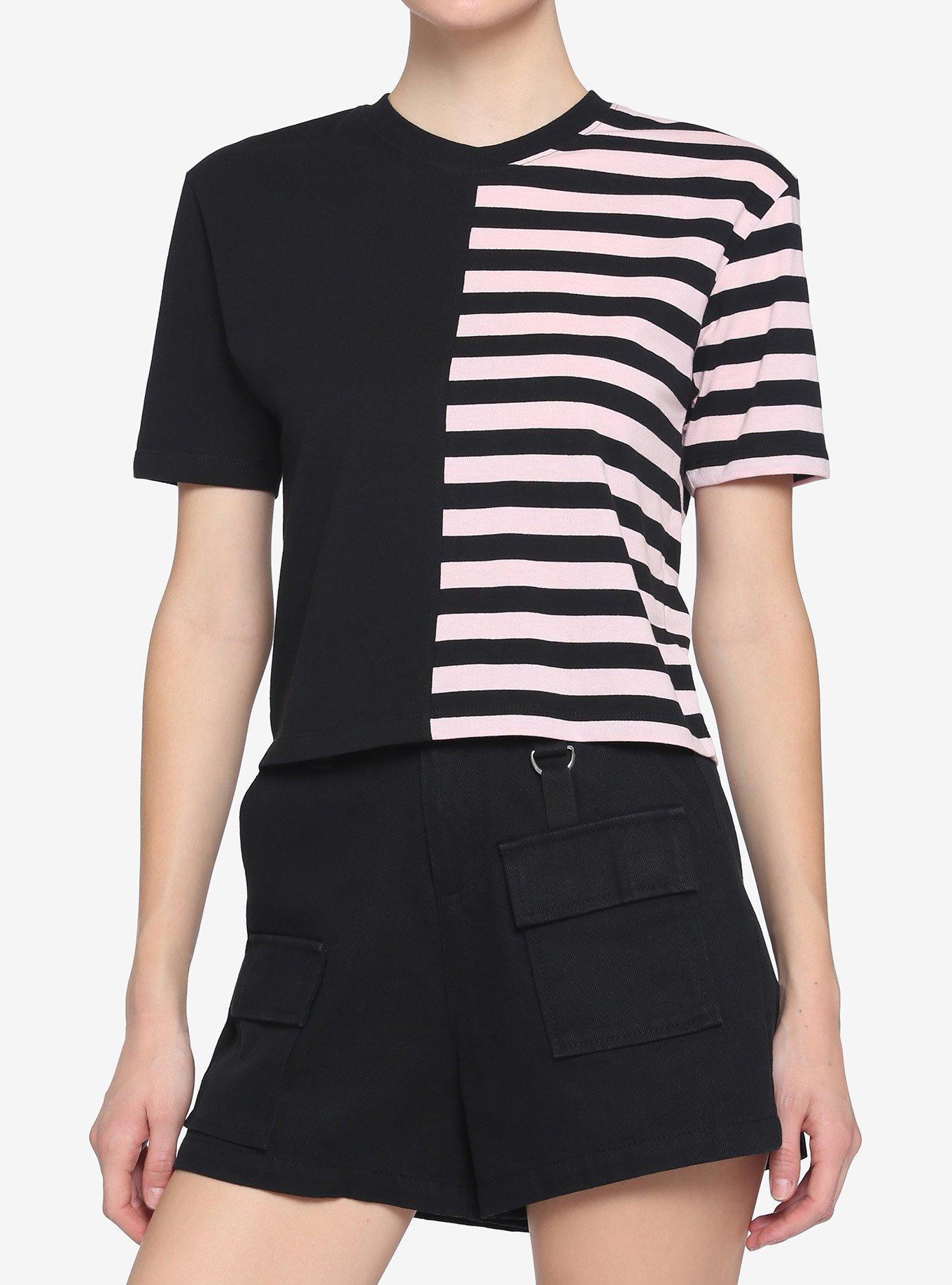 Black & Pink Stripe Split Girls Crop T-Shirt, STRIPE - MULTI, hi-res
