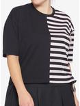Black & Pink Striped Split Girls Crop T-Shirt Plus Size, STRIPE - MULTI, hi-res