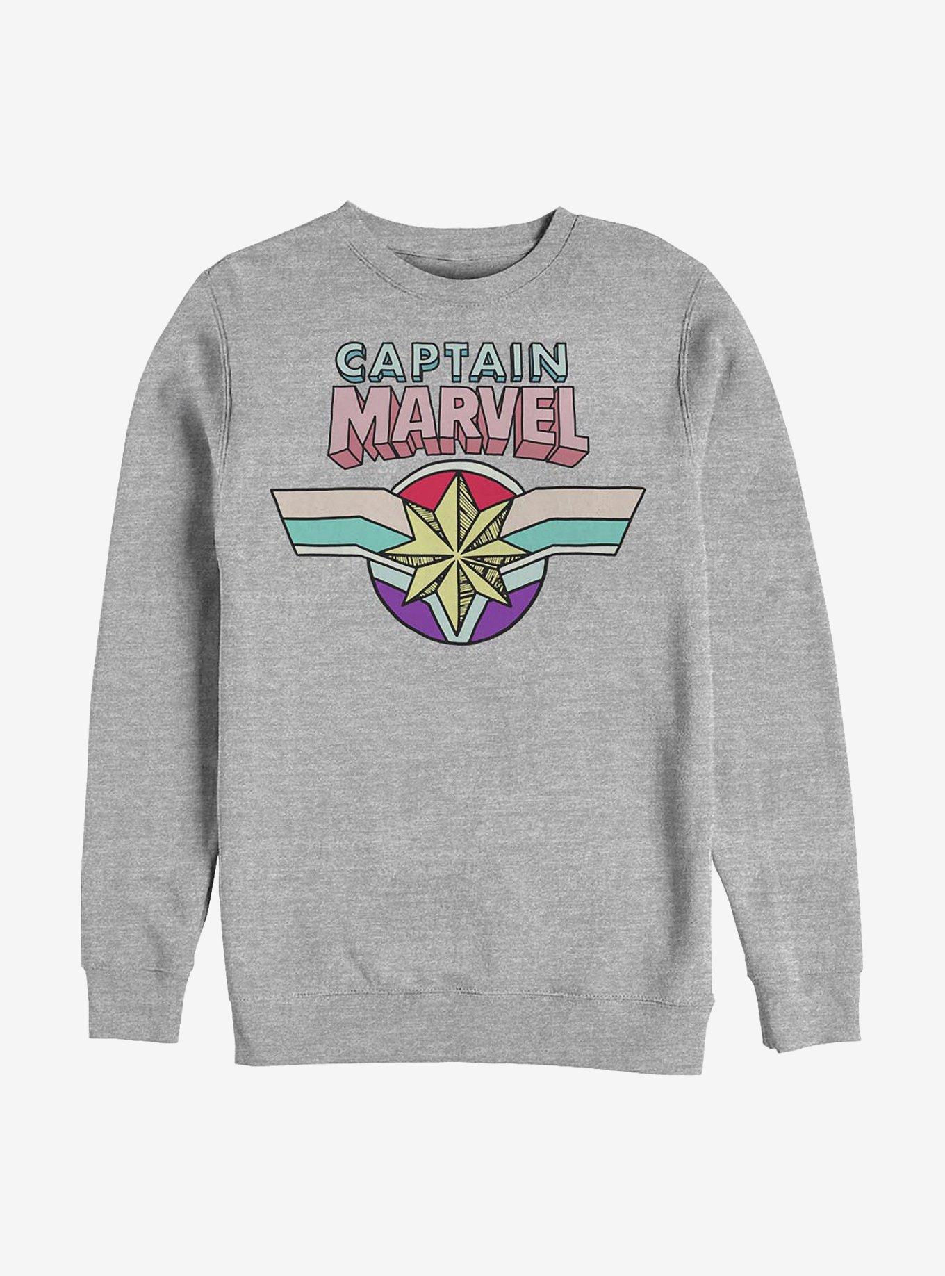 Marvel Captain Marvel Cartoon Logo Crew Sweatshirt, ATH HTR, hi-res