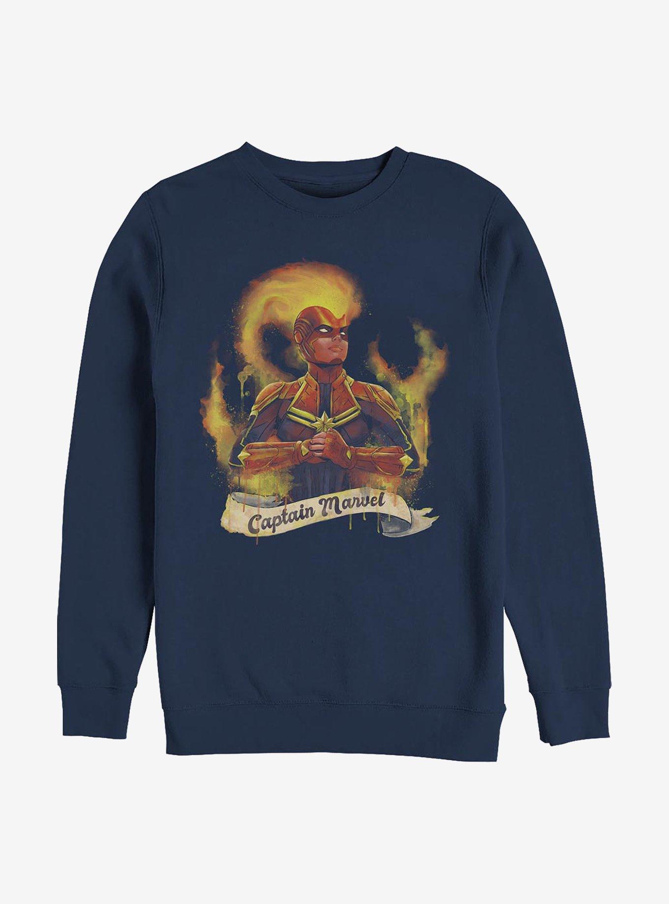 Marvel Captain Marvel Flames Crew Sweatshirt, NAVY, hi-res