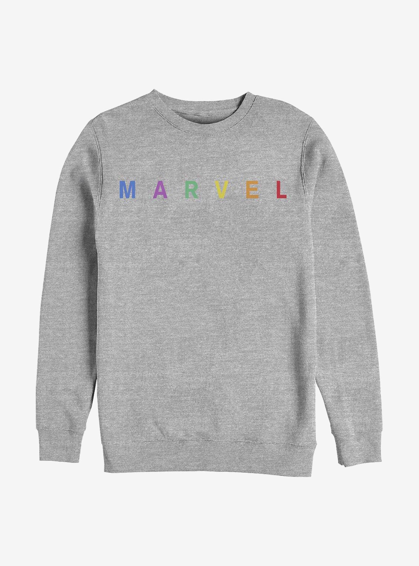 Marvel Simple Logo Rainbow Emblem Crew Sweatshirt, ATH HTR, hi-res