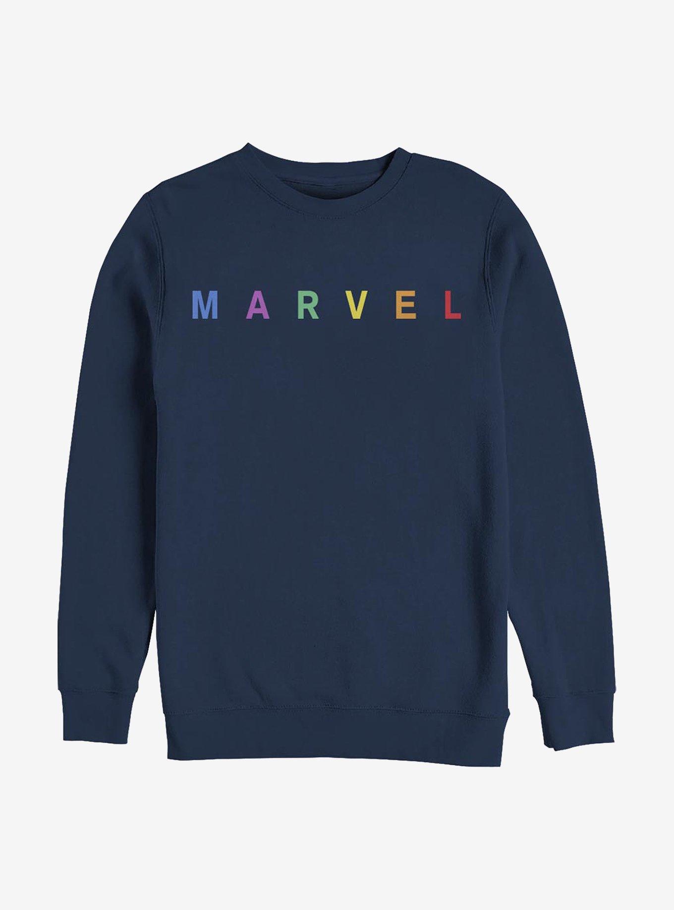 Marvel Simple Logo Rainbow Emblem Crew Sweatshirt, NAVY, hi-res