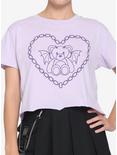 Lilac Demon Bear Chain Heart Girls Crop T-Shirt, PURPLE, hi-res