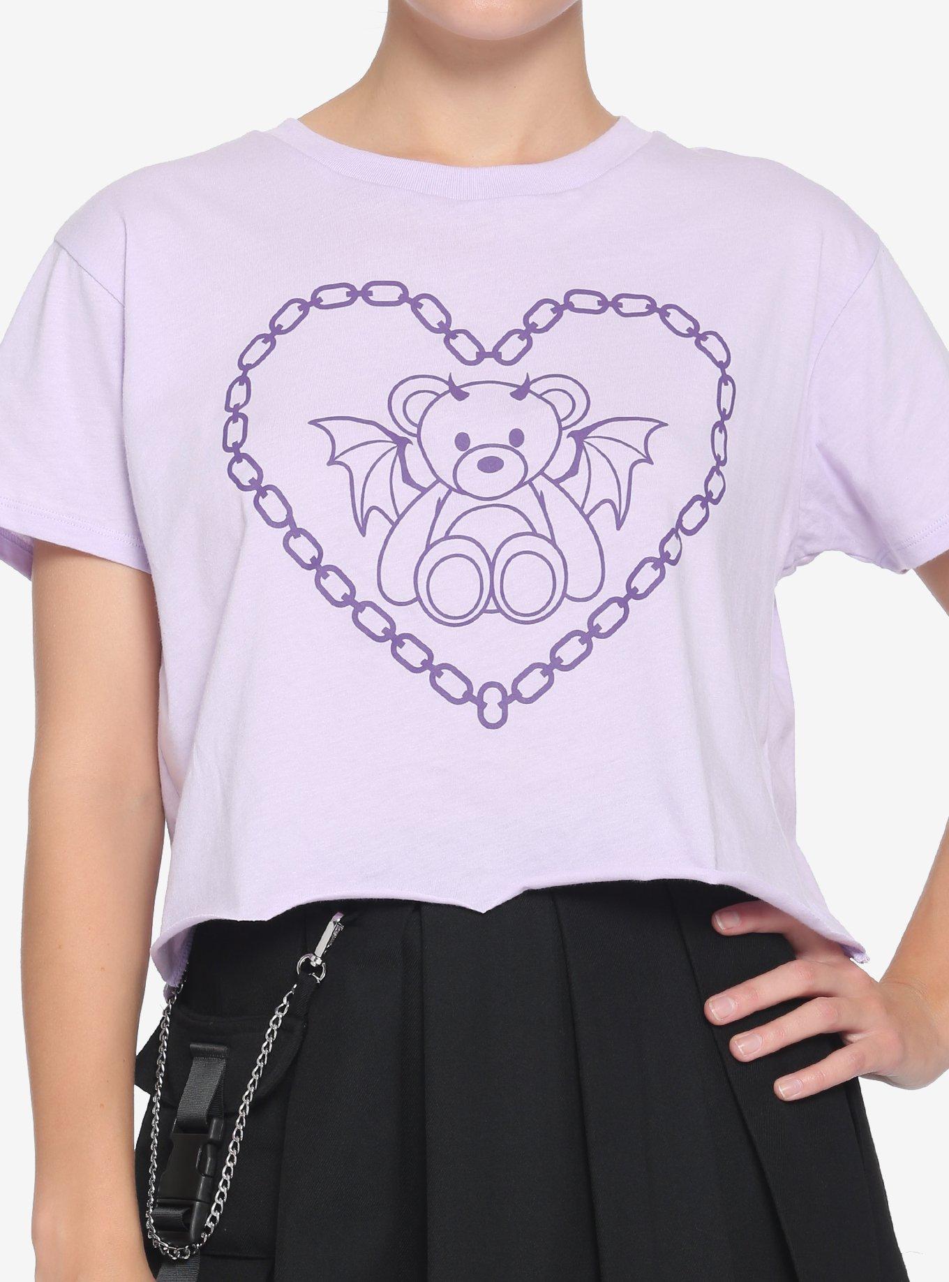 Lilac Demon Bear Chain Heart Girls Crop T-Shirt, PURPLE, hi-res