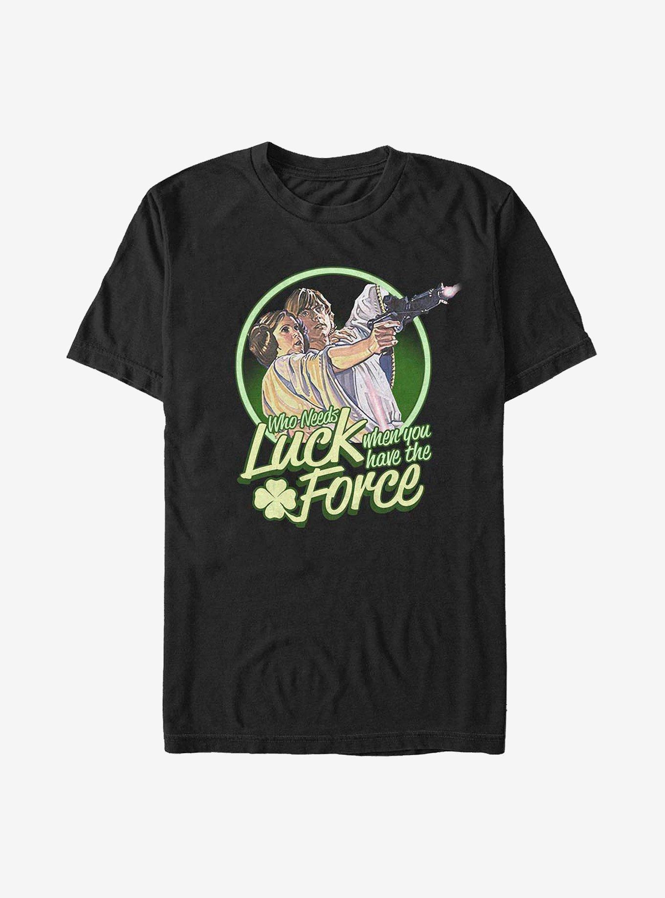 Star Wars Who Needs Luck When You Have The Force Luke And Leia T-Shirt, BLACK, hi-res