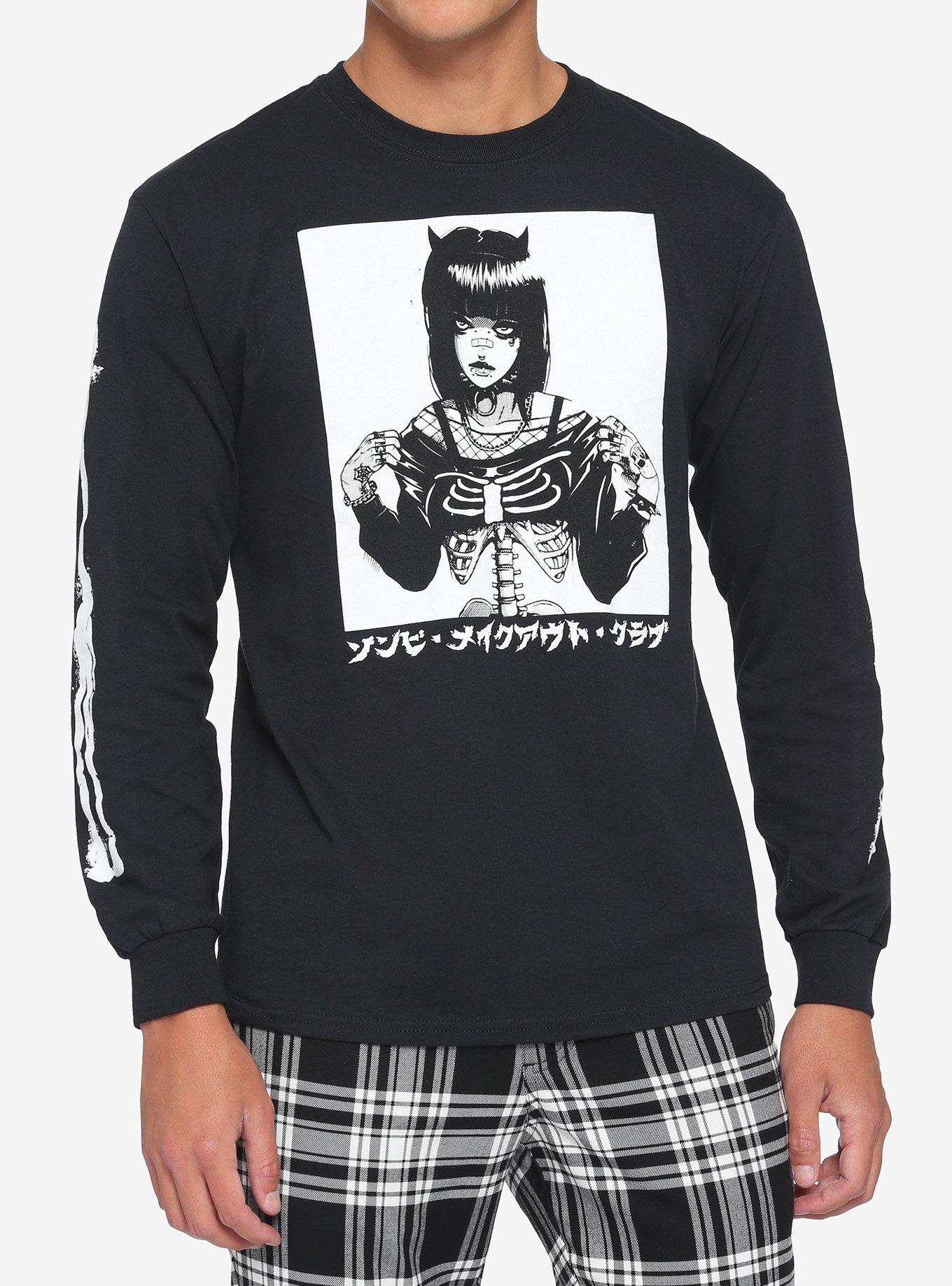 Zombie Makeout Club Black & White Skeleton Girl Long-Sleeve T-Shirt, BLACK, hi-res