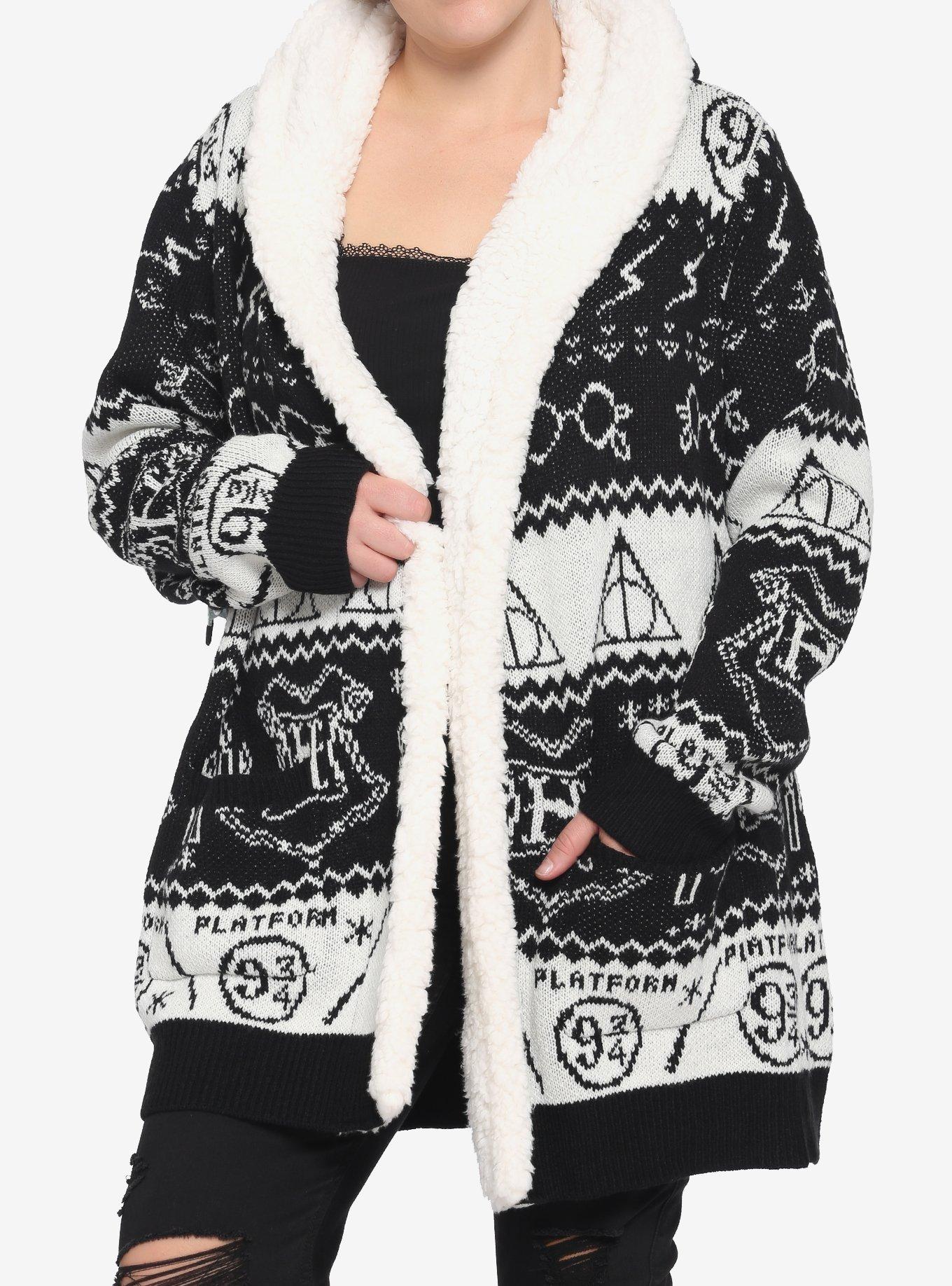 Harry Potter Deathly Hallows Sherpa Open Cardigan Plus Size, MULTI, hi-res
