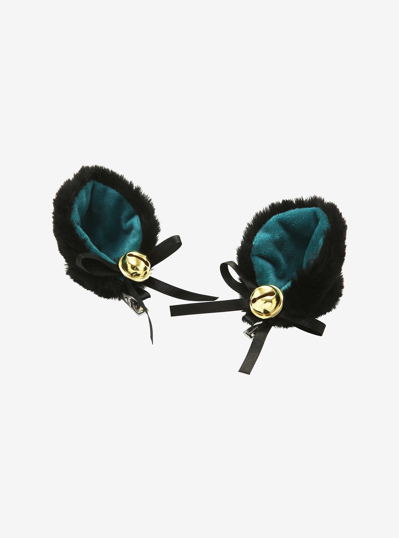 Black & Teal Cat Ears Hair Clip Set, , hi-res