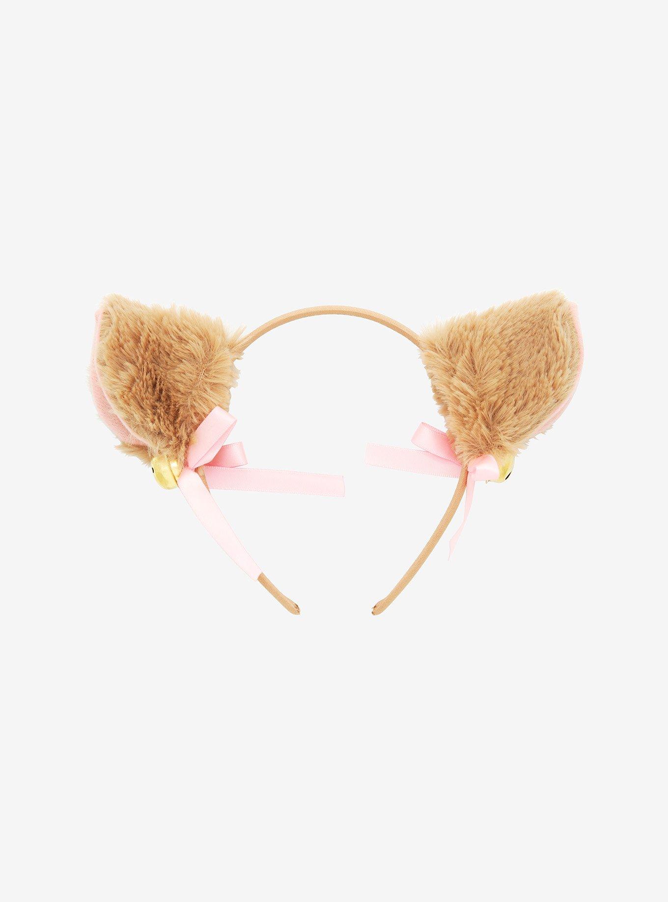 Pastel Brown & Pink Ribbon Bell Fuzzy Cat Ear Headband, , hi-res