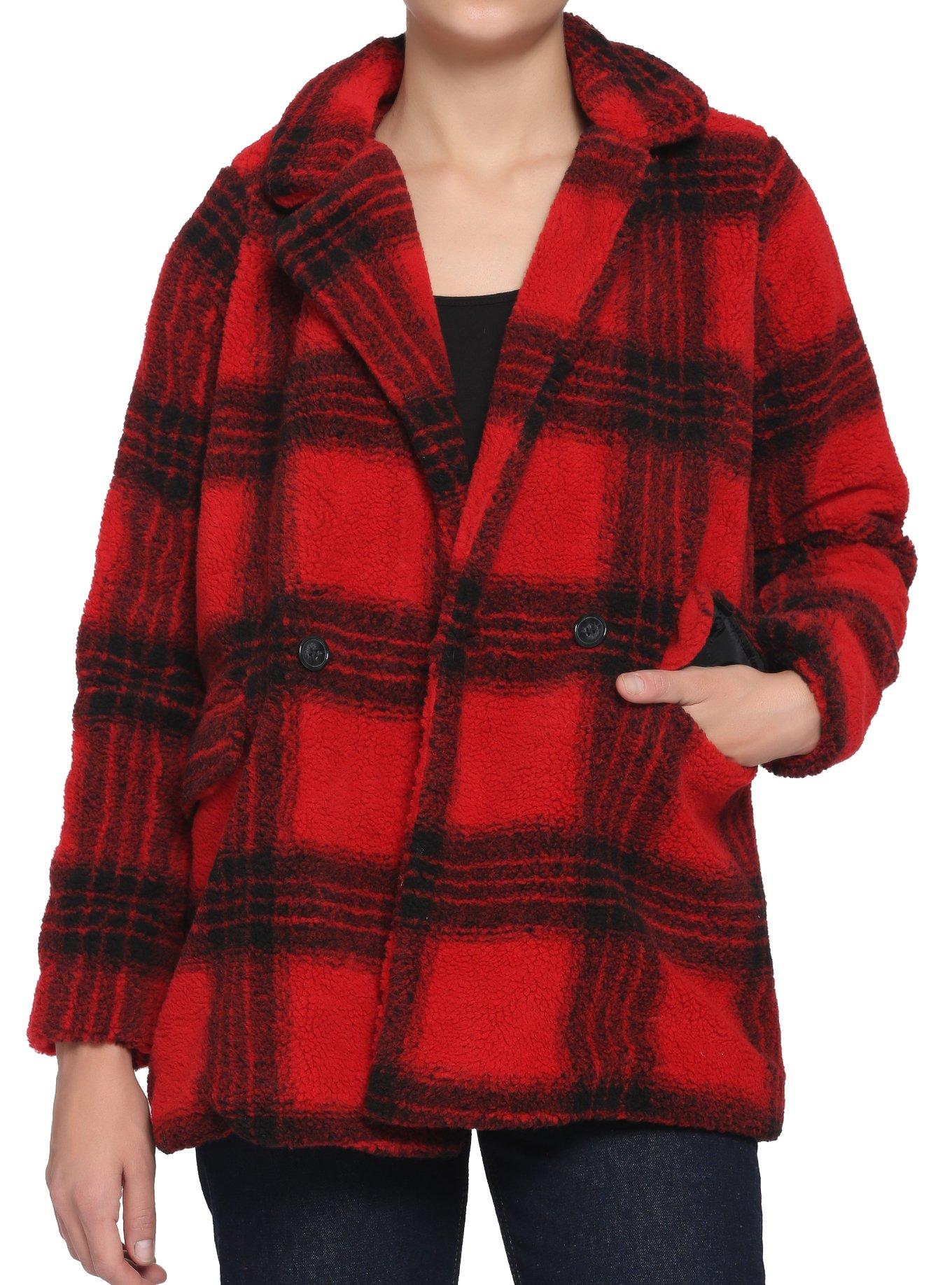 Red & Black Plaid Teddy Coat, BLACK, hi-res
