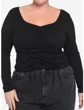 Black Lace Front Girls Long-Sleeve Crop Shirt Plus Size, , hi-res