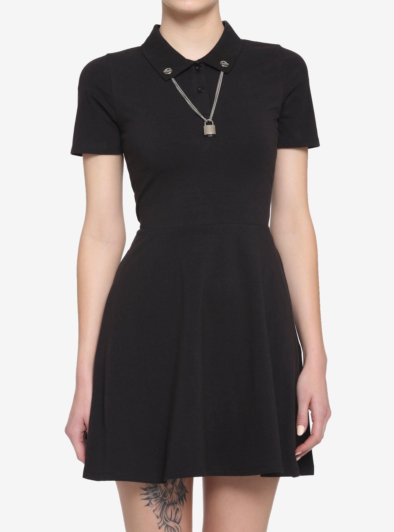 Black Padlock Polo Skater Dress, BLACK, hi-res