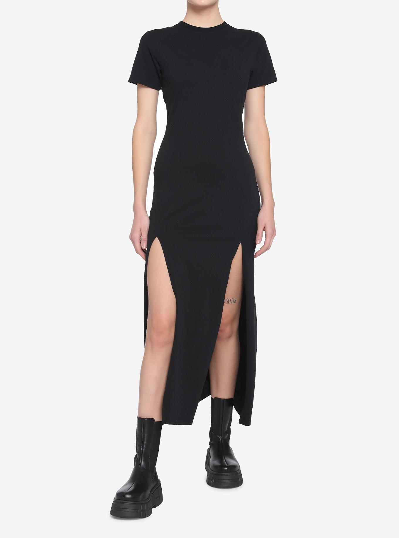 Black Midi Slit T-Shirt Dress, BLACK, hi-res
