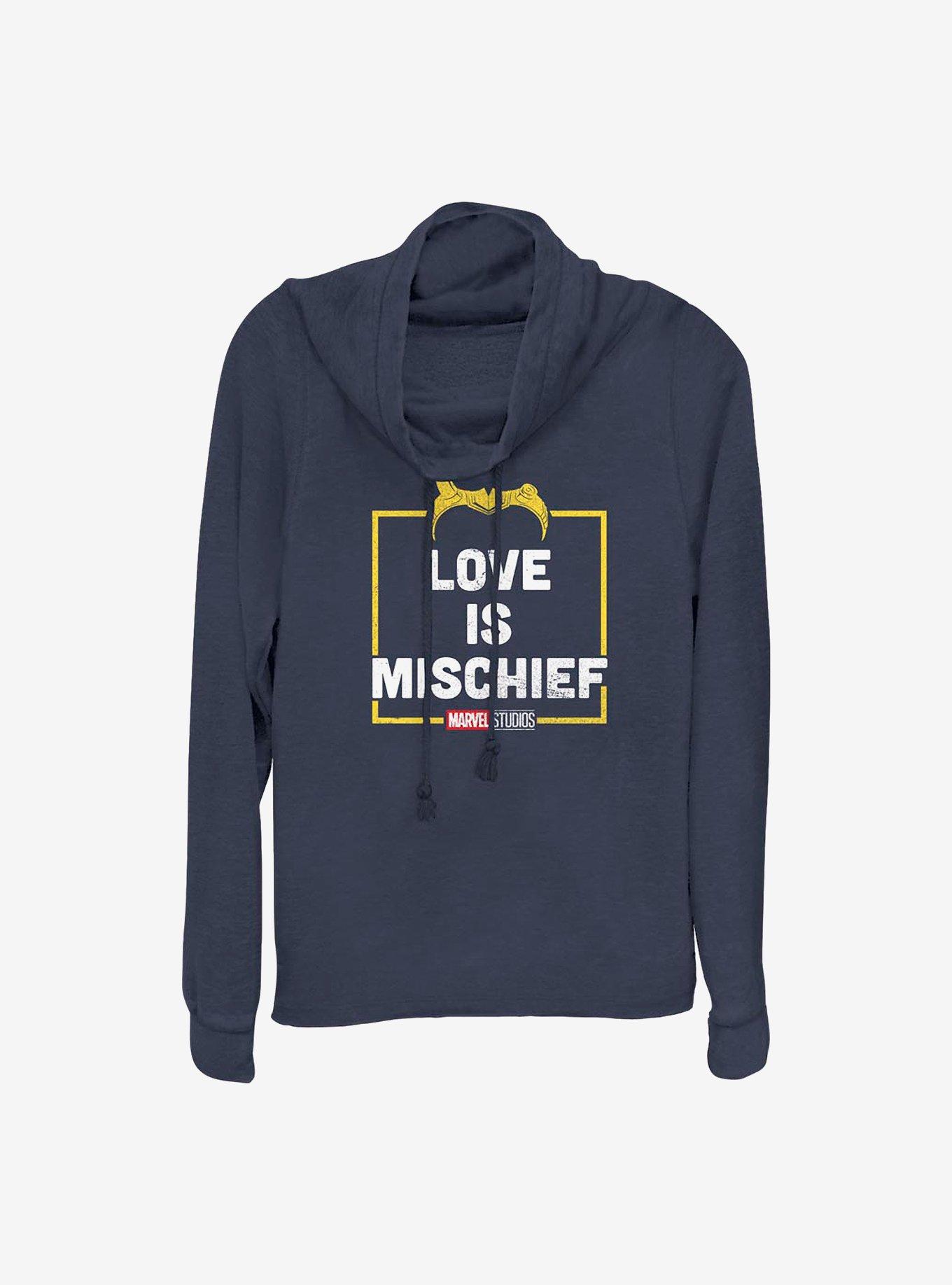 Marvel Loki Love Is Mischief Cowlneck Long-Sleeve Girls Top, NAVY, hi-res