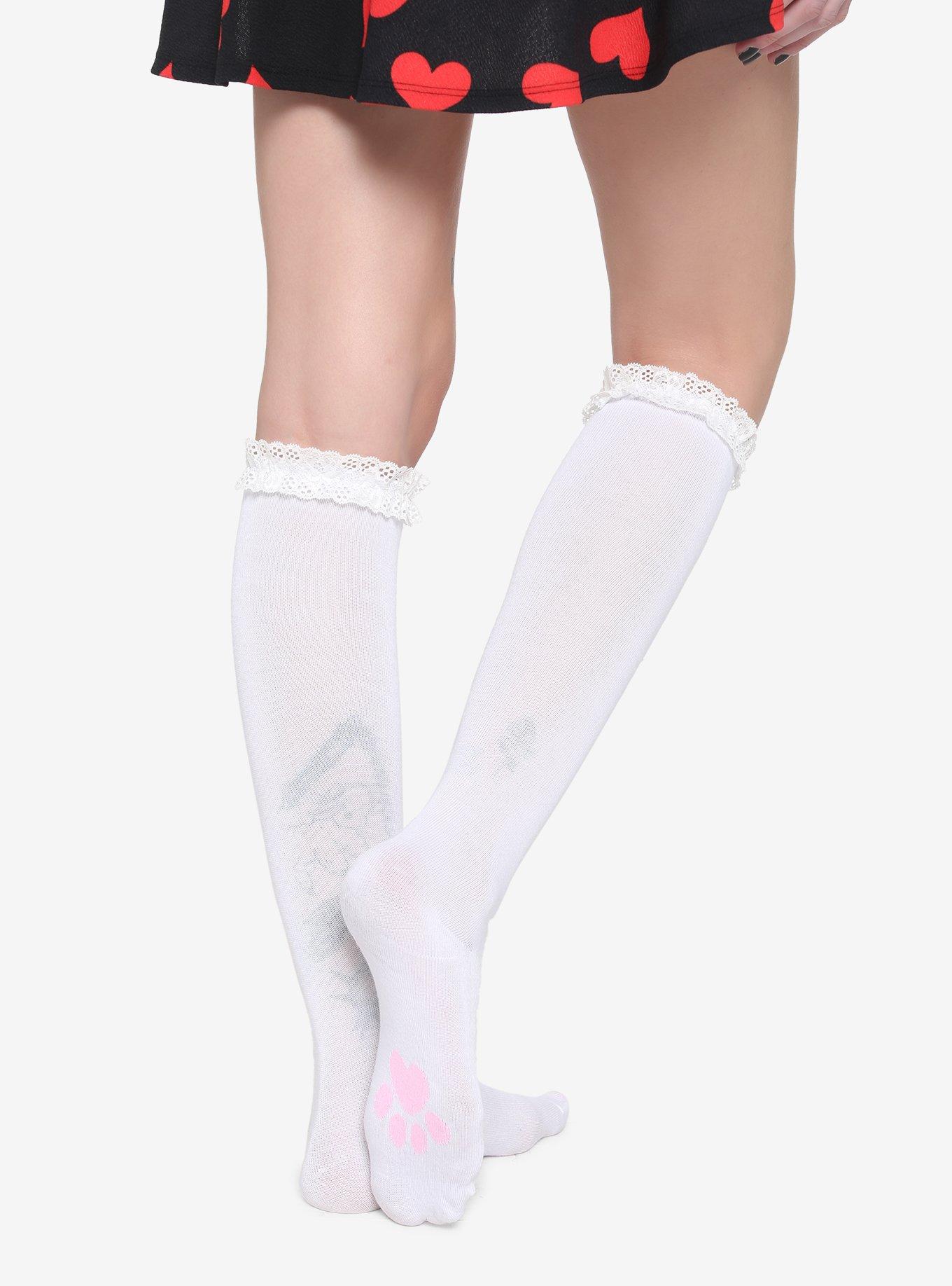 White & Pink Kitty Paw Knee-High Socks, , hi-res