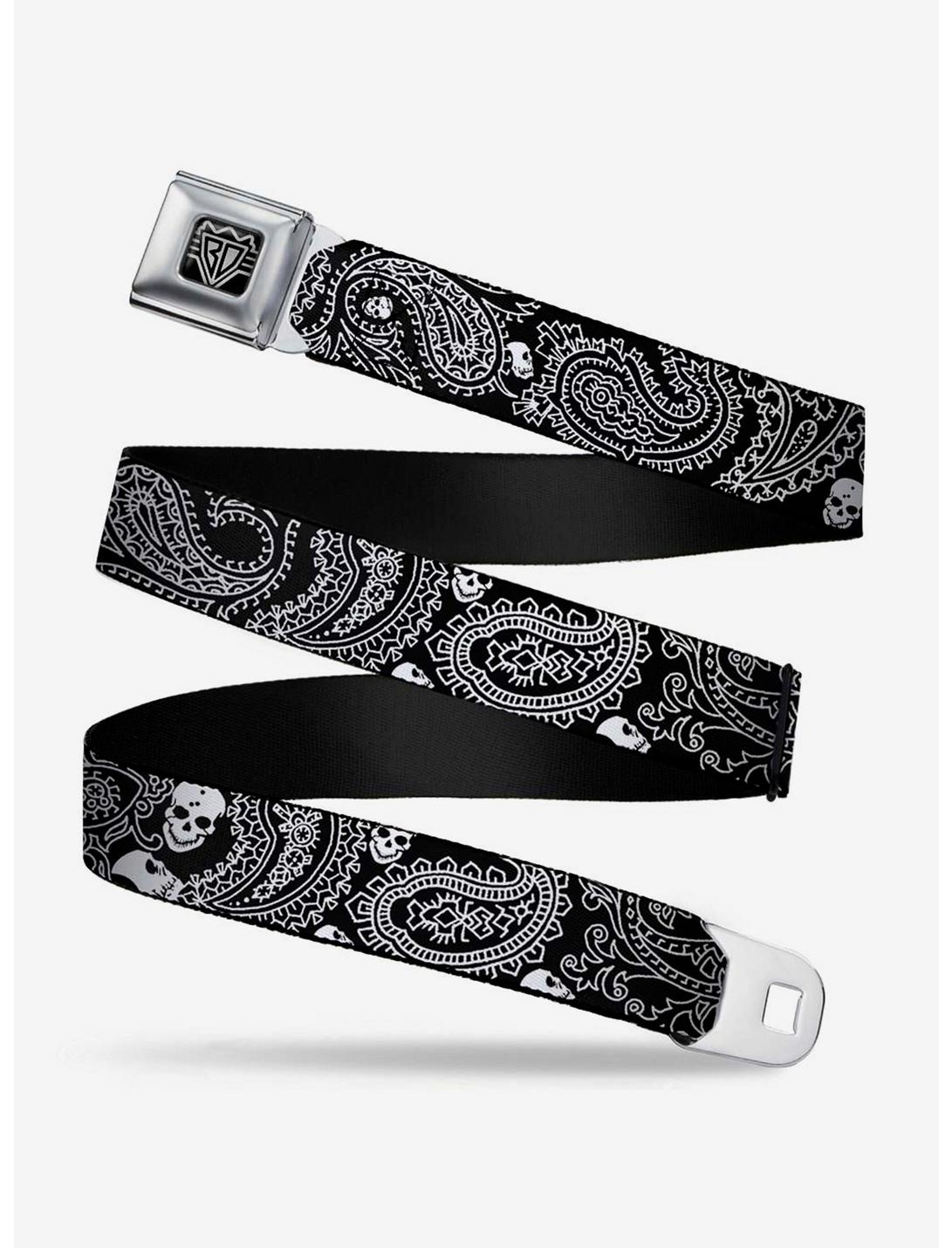 Bandana Skull Print Seatbelt Belt Black White, OLIVE, hi-res