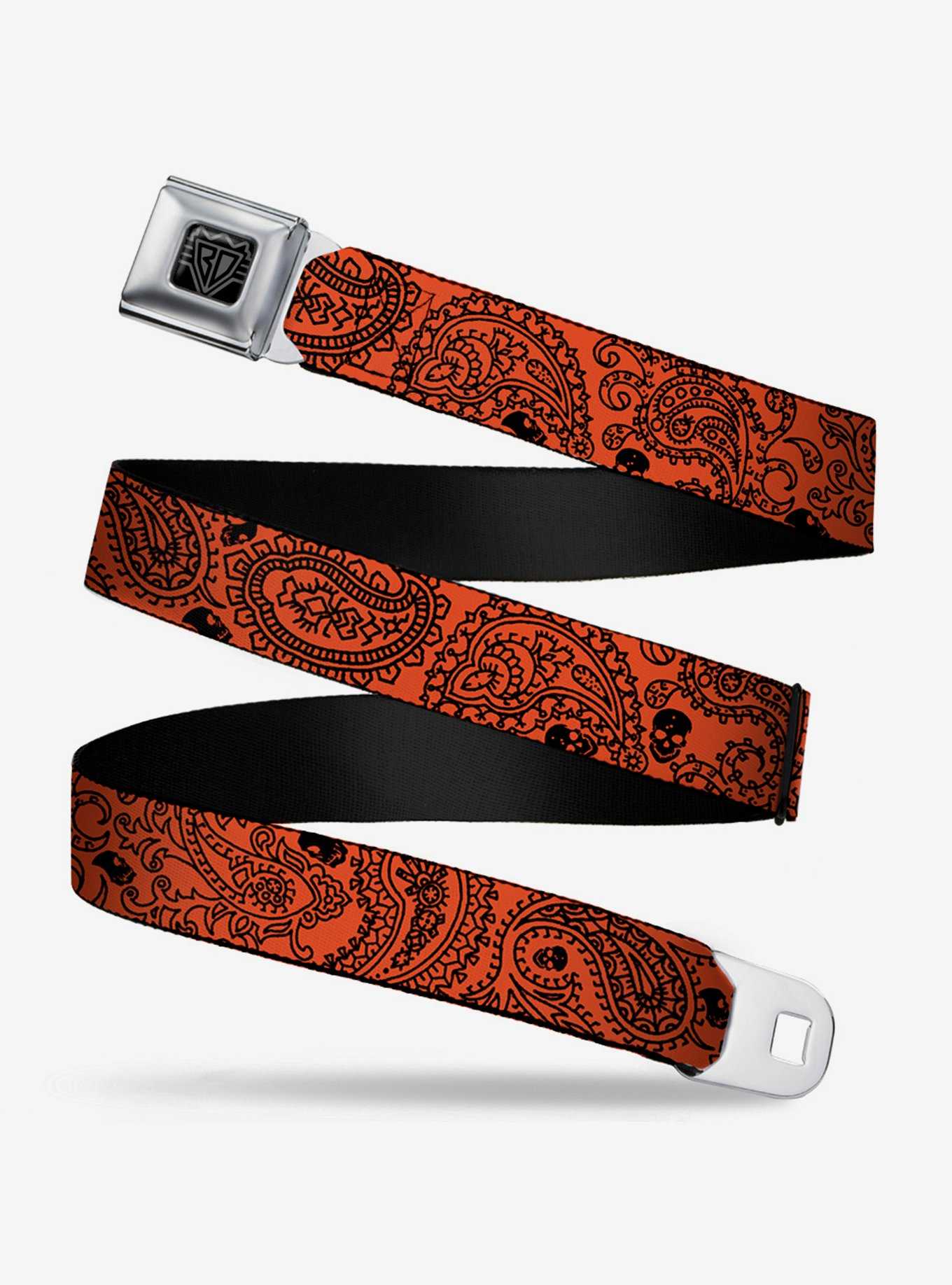 Bandana Skull Print Seatbelt Belt Orange Black, , hi-res