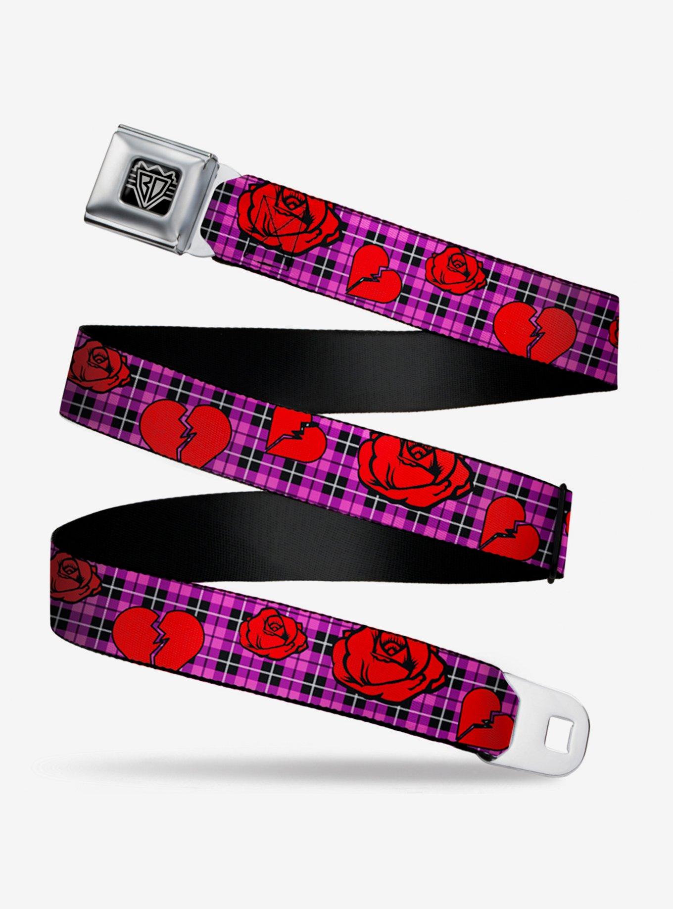 Broken Hearts & Roses Seatbelt Belt Fuchsia Plaid, BLACK, hi-res