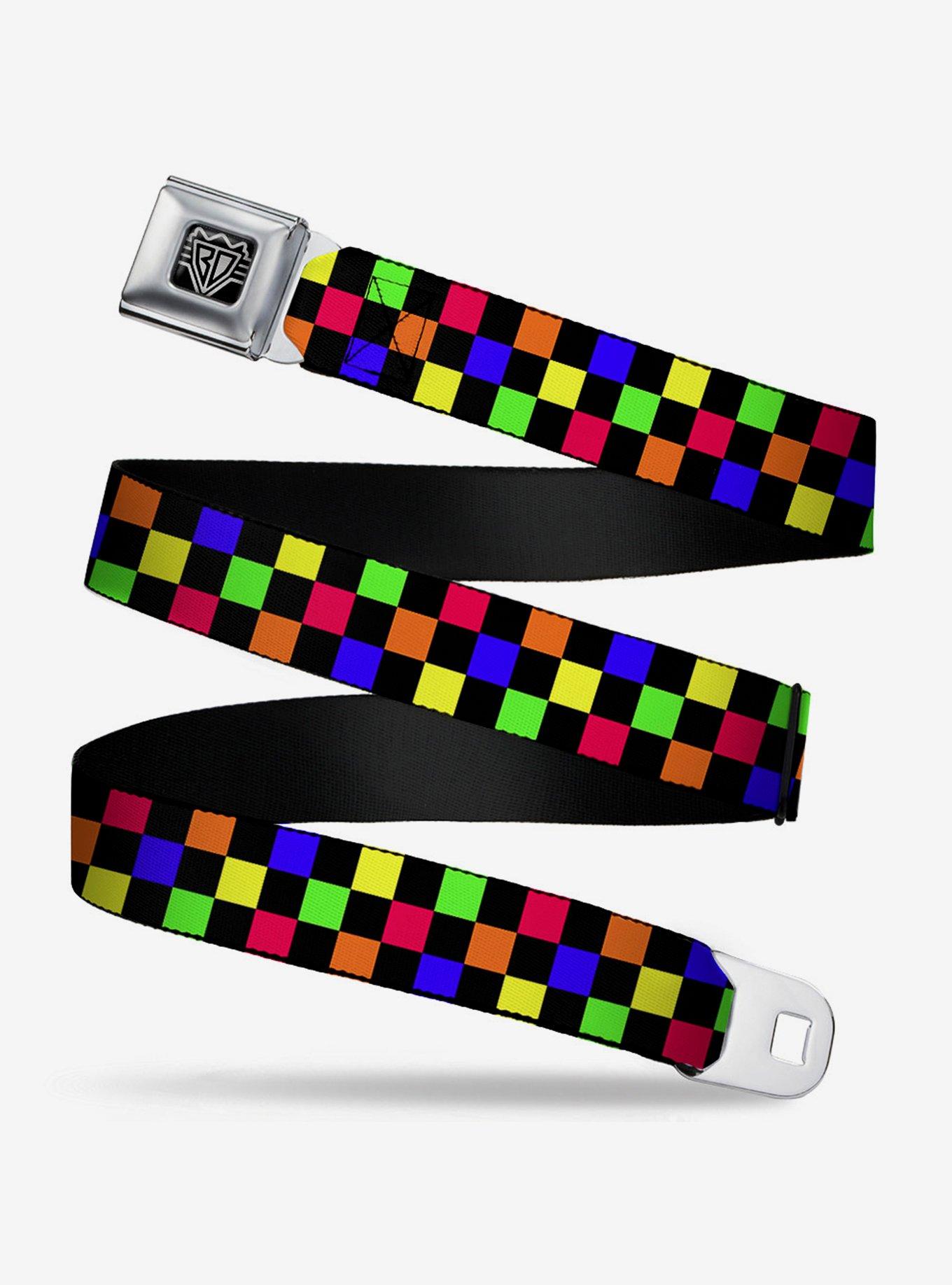 Checker Print Seatbelt Belt Neon Multi, BLACK, hi-res