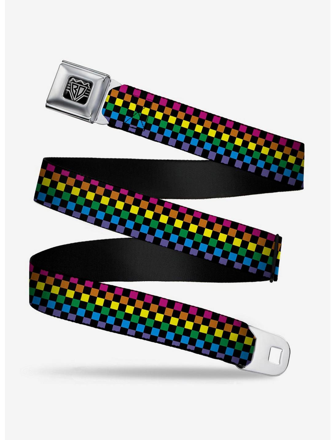 Checker Print Seatbelt Belt Neon Rainbow, OLIVE, hi-res
