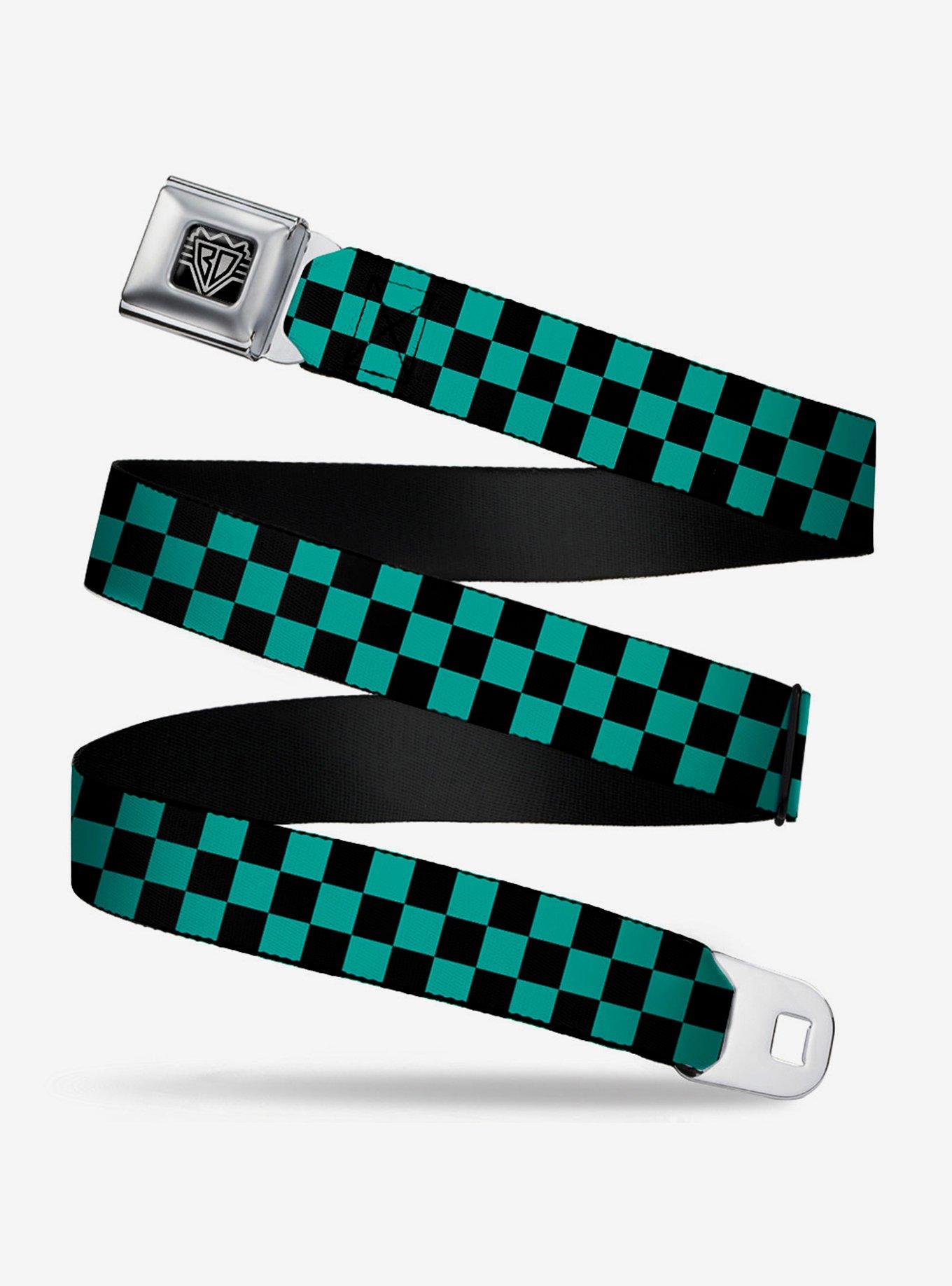 Checker Print Seatbelt Belt Teal, BLACK, hi-res