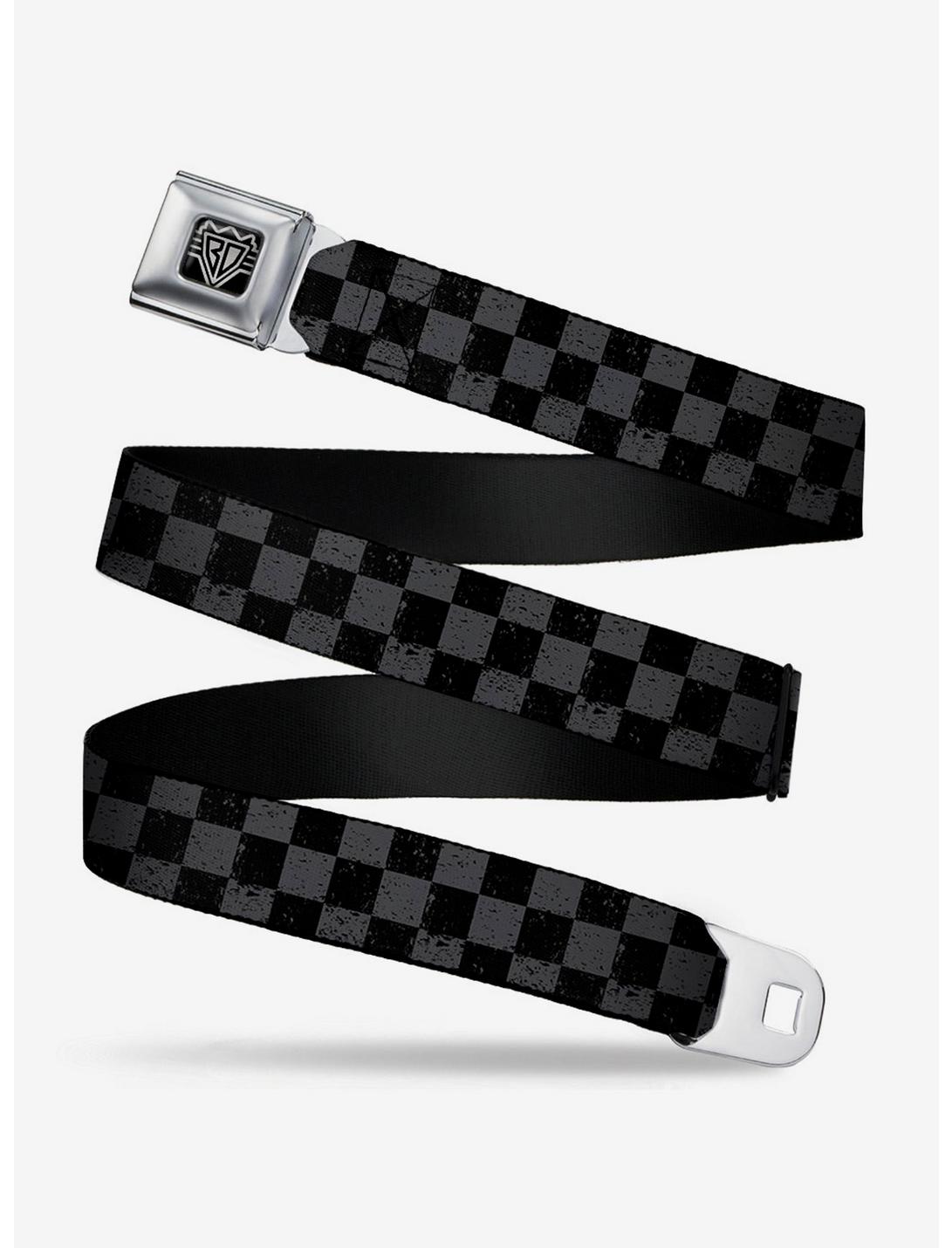 Distressed Checker Print Seatbelt Belt Gray, BLACK, hi-res