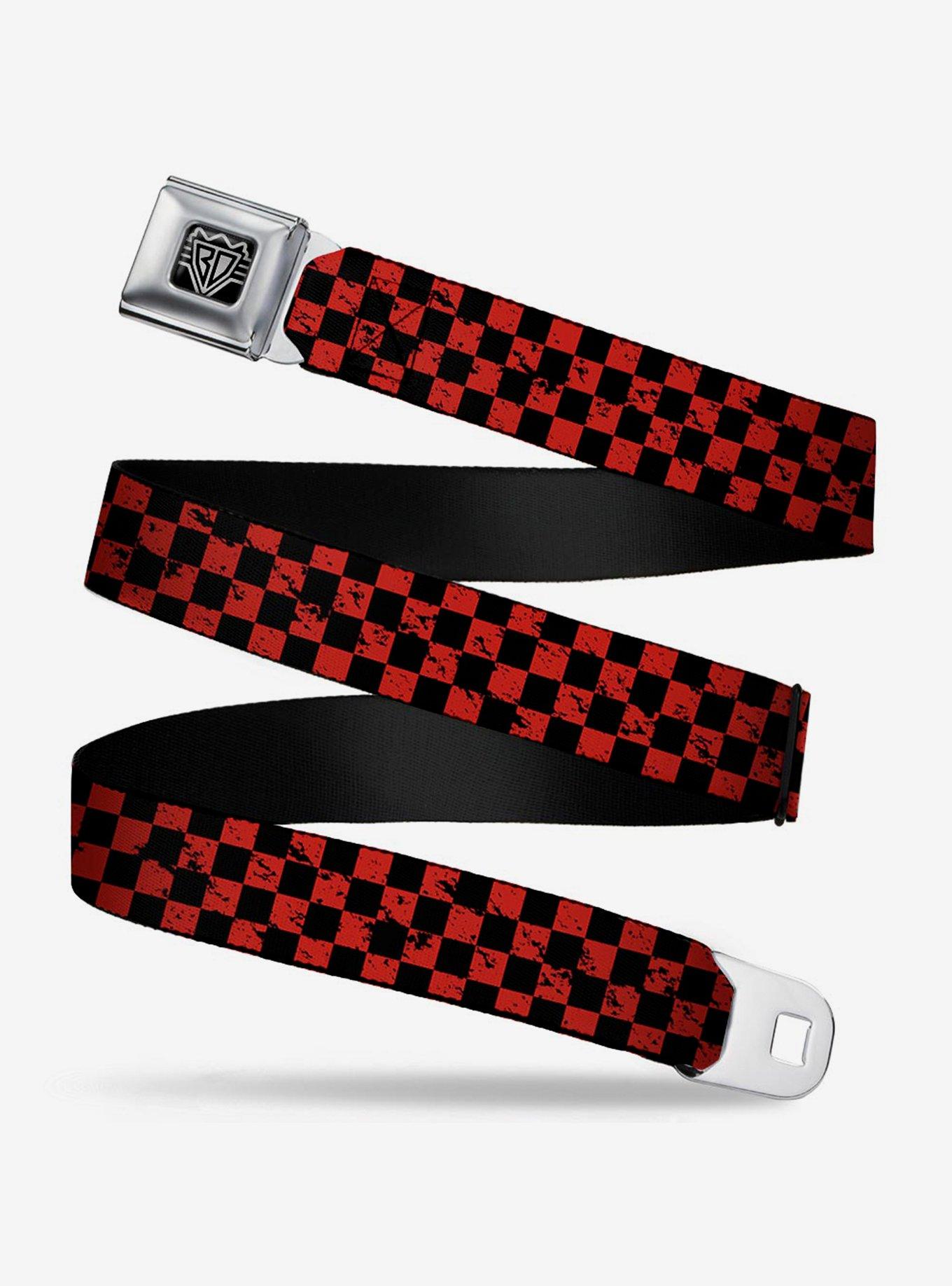 Distressed Checker Print Seatbelt Belt Red, BLACK, hi-res