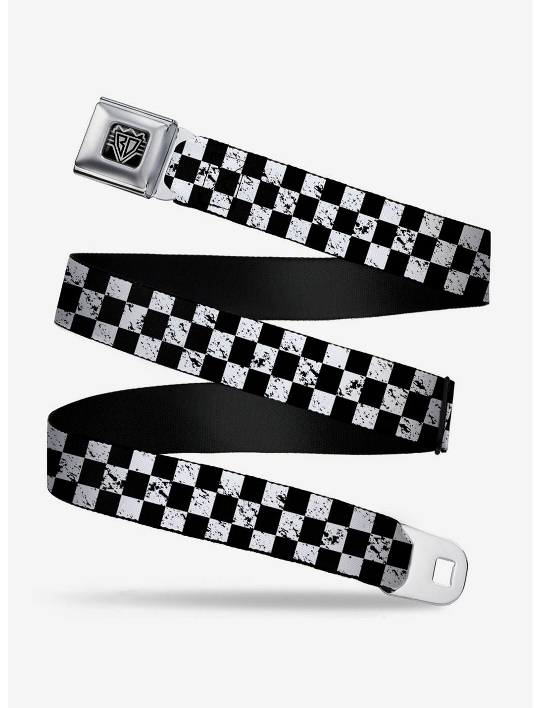 Distressed Checker Print Seatbelt Belt White, OLIVE, hi-res