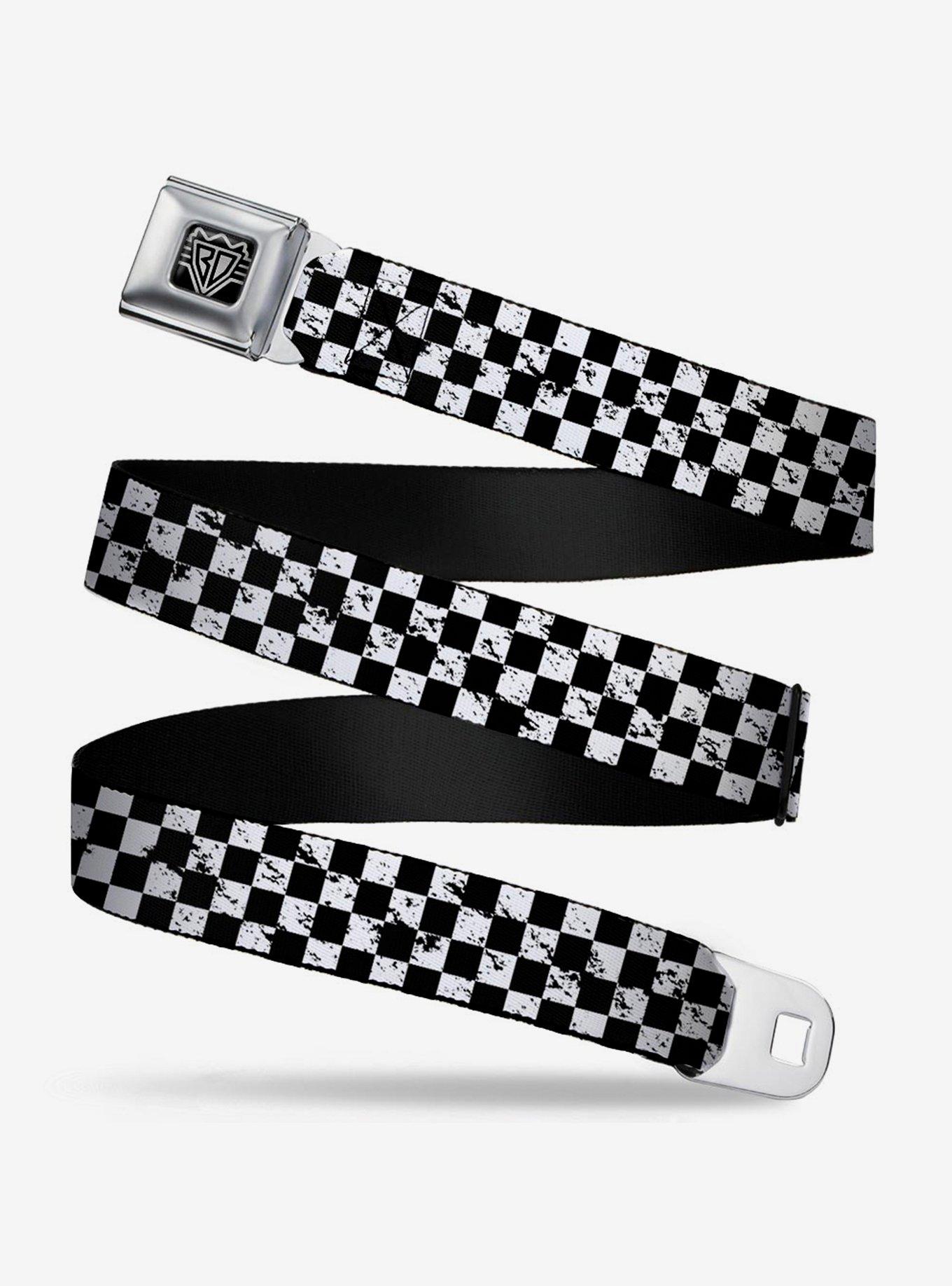 Distressed Checker Print Seatbelt Belt, BLACK, hi-res