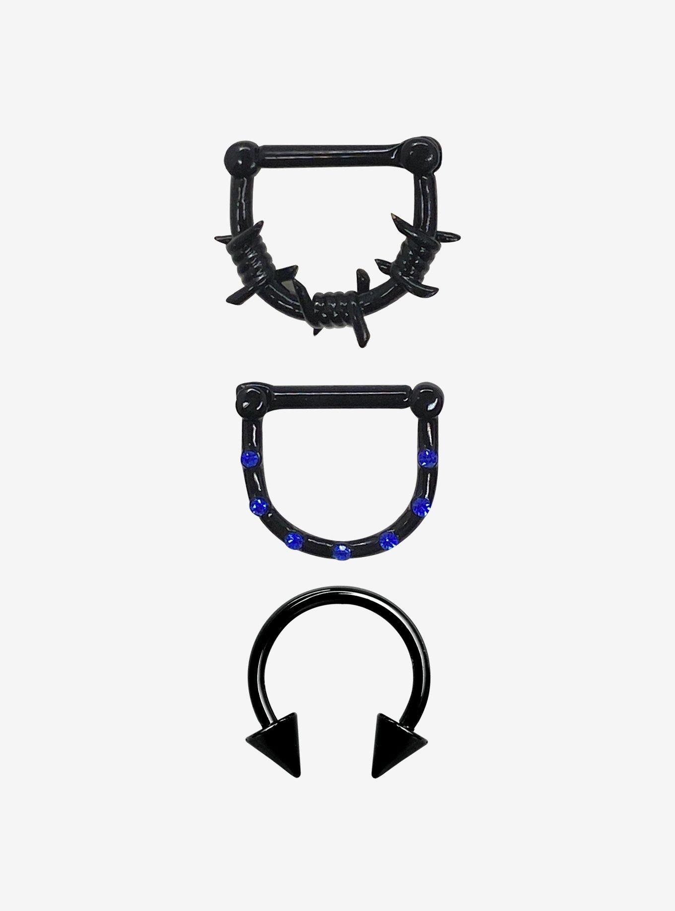 Steel Black & Blue Barbed Wire Septum 3 Pack, BLACK, hi-res