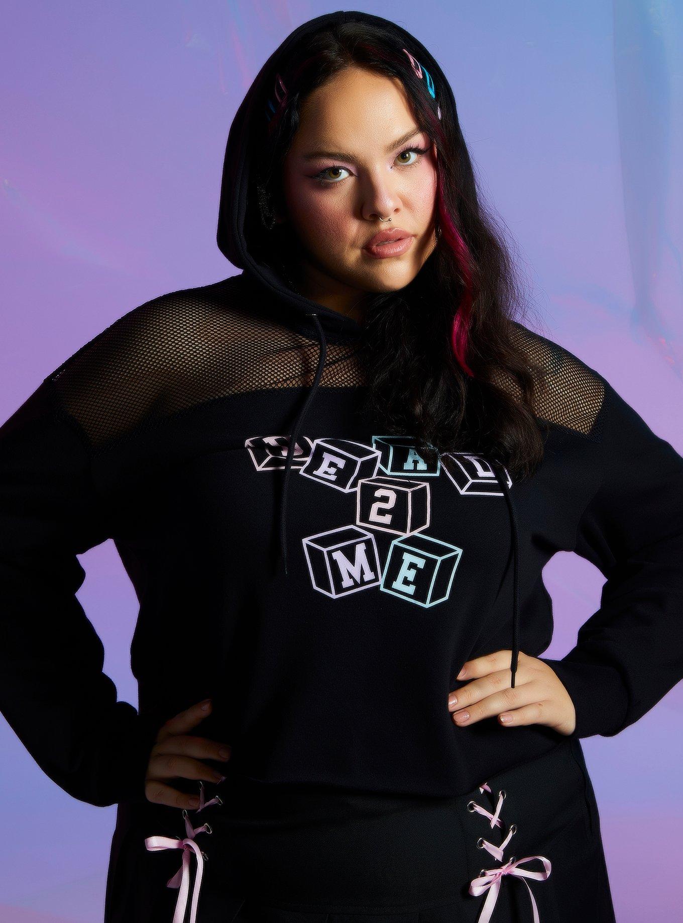 Dead 2 Me Pastel Mesh Panel Girls Crop Hoodie Plus Size, BLACK, hi-res