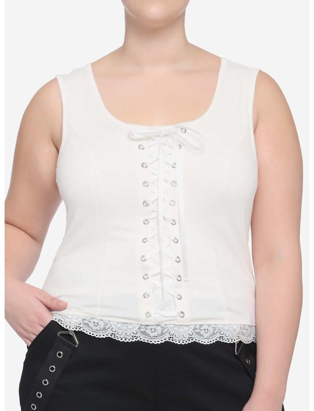 Cream Lace-Up Front Knit Girls Top Plus Size, VANILLA ICE, hi-res