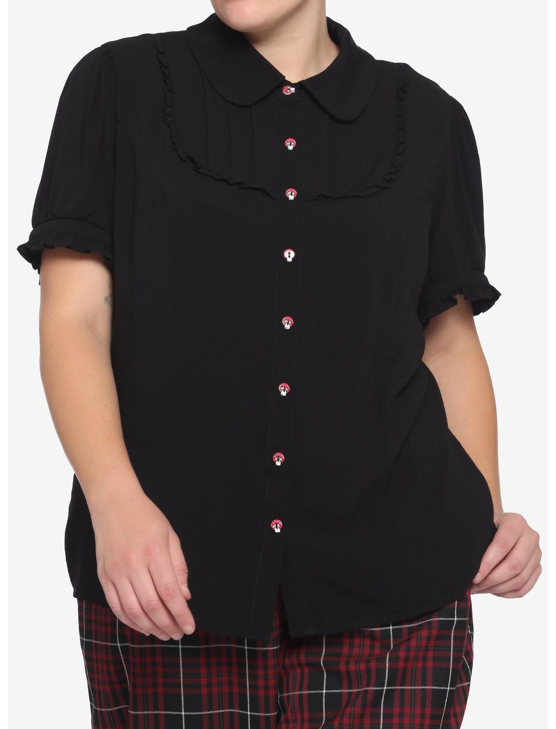 Black Bibbed Mushroom Buttons Girls Woven Button-Up Plus Size, BLACK, hi-res